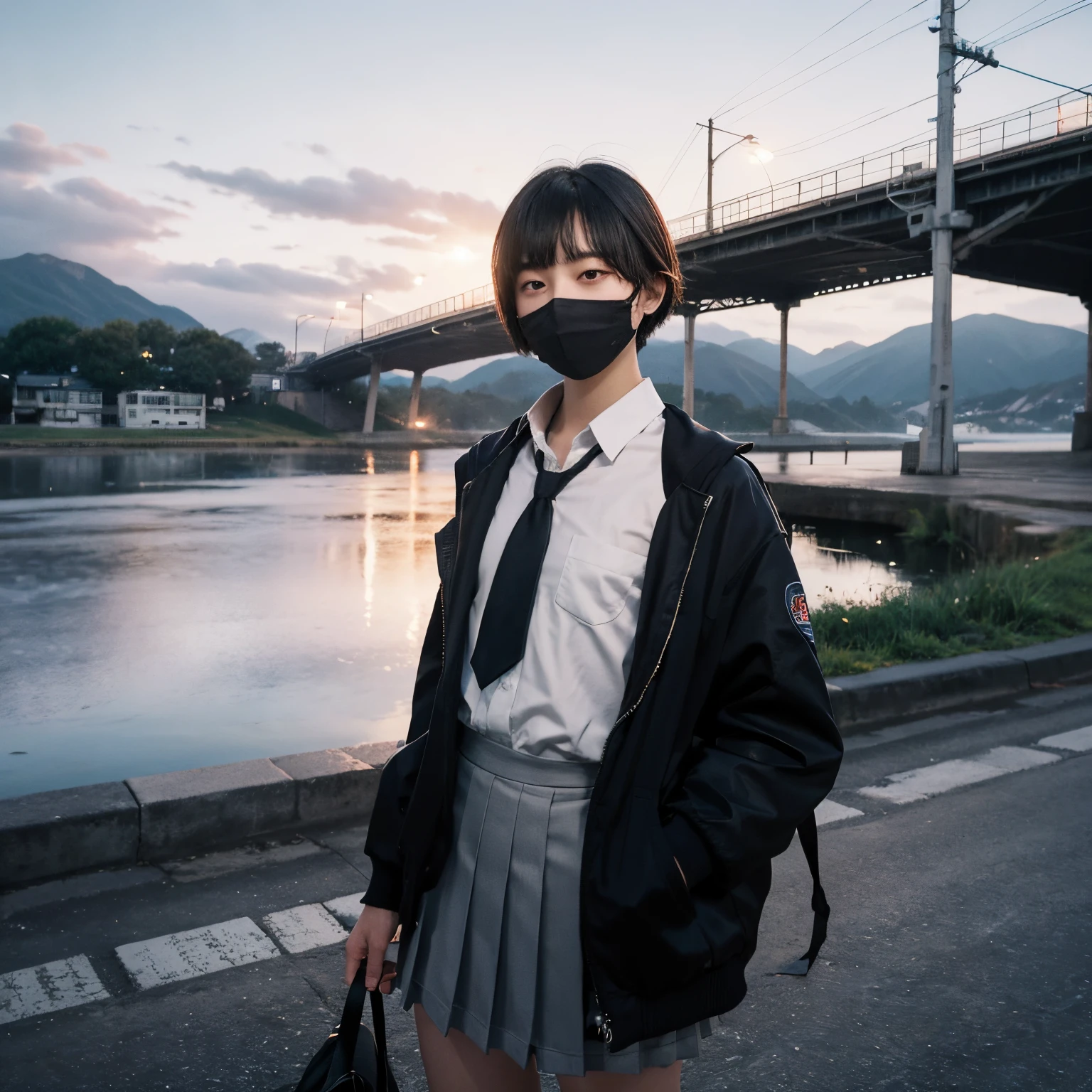 1girl like boy , 15 years old looking at viewer, train, alpenglow, overcast, pale skin, petite, black hair, short hair, blunt bangs, expressionless, black eyes, black mouth mask , flat chest, school uniform, standing,
