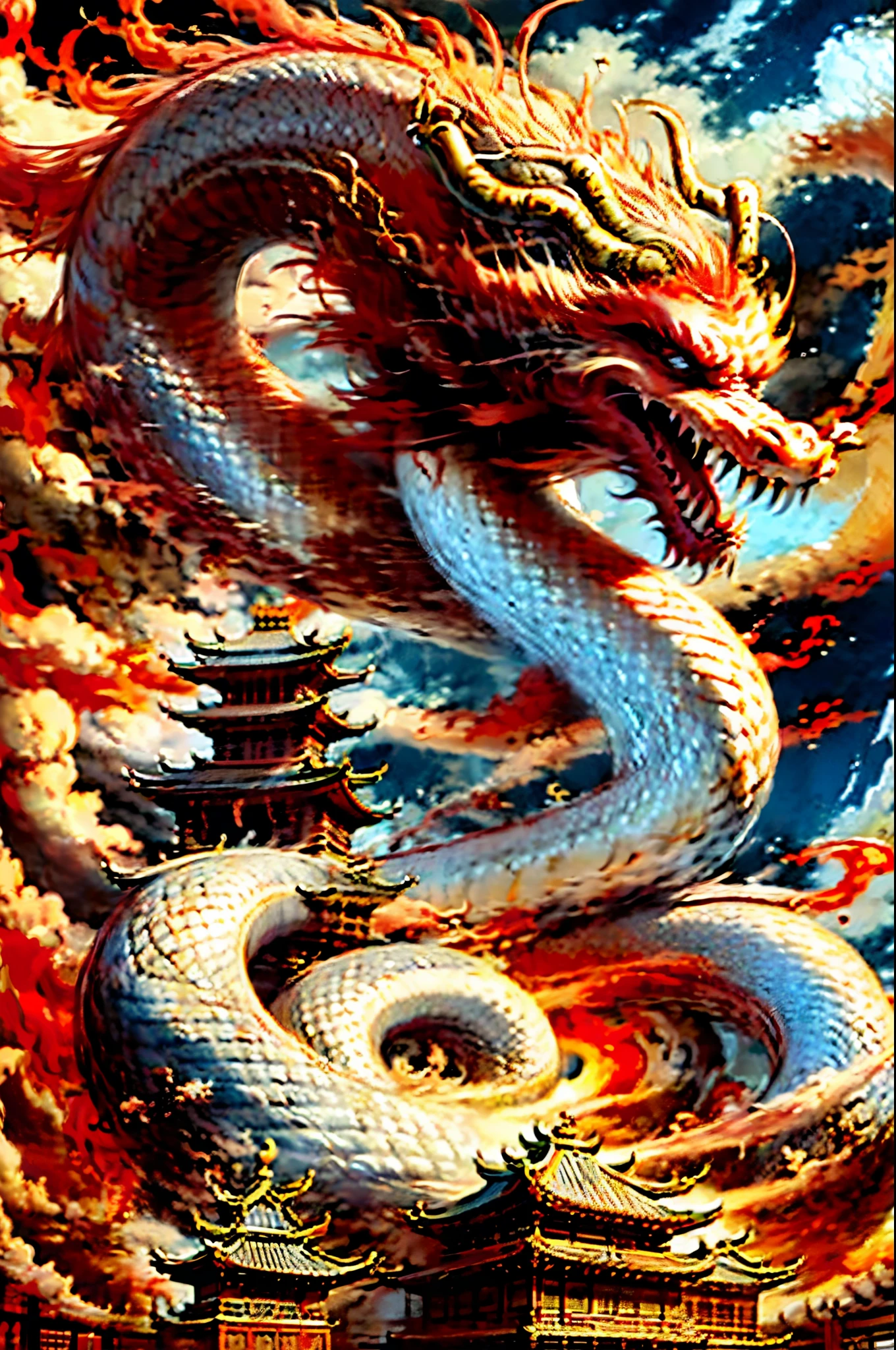 Best quality,masterpiece,ultra high res,nu no humans, (long:1.2),no humans, cloud, architecture, east asian architecture, red eyes, horns, open mouth, sky, fangs, eastern dragon, cloudy sky, teeth, flying, fire, bird, wings