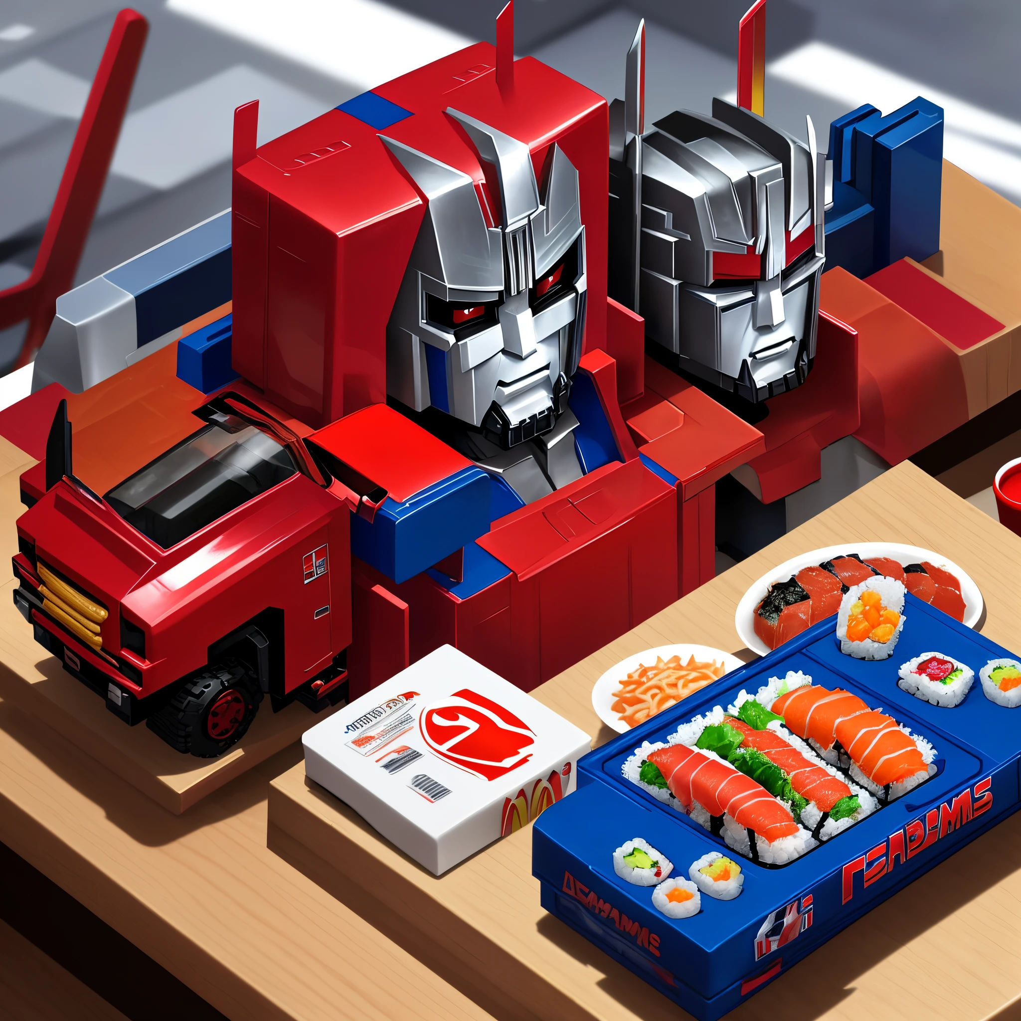 Optimus Prime eating sushi at McDonald's