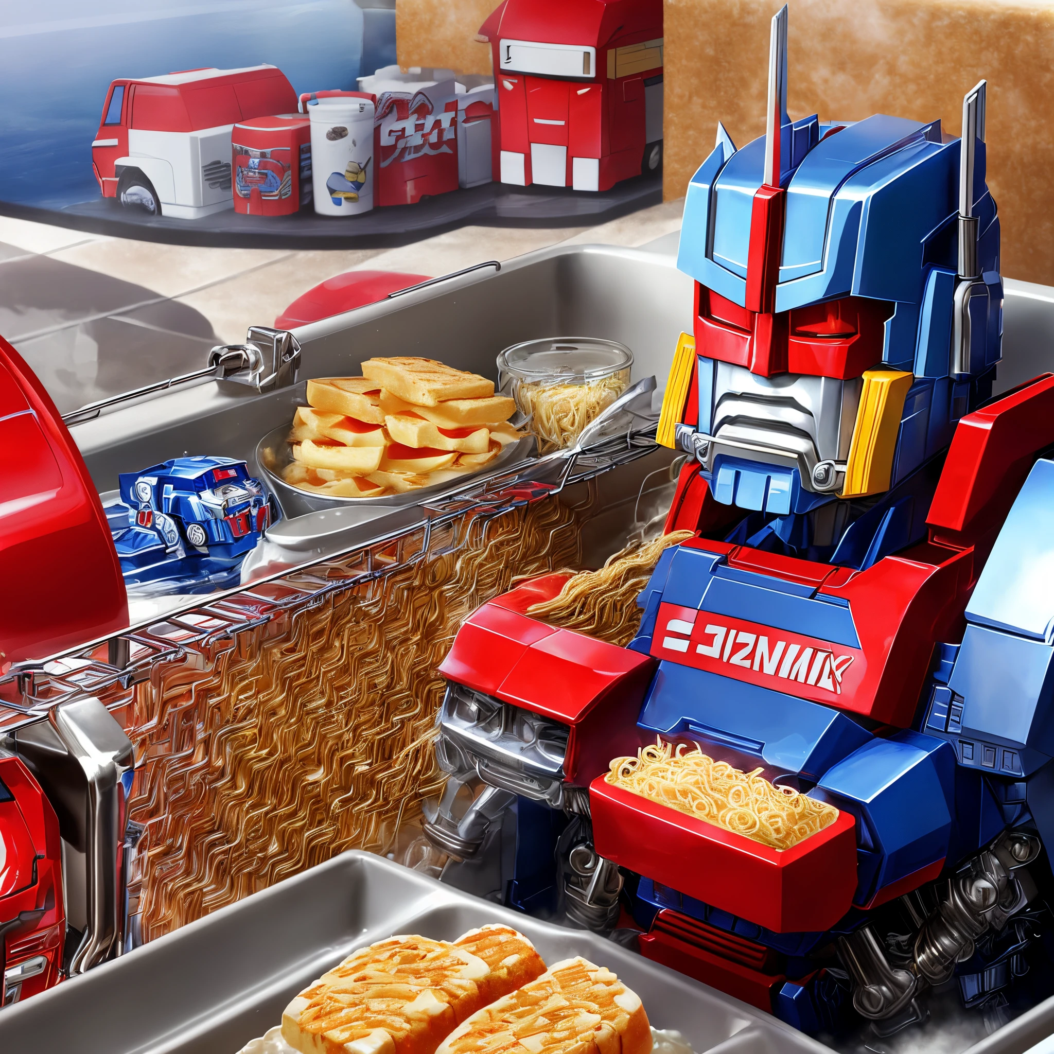 Optimus Prime takes a bath and eats ramen noodles and hamburgers