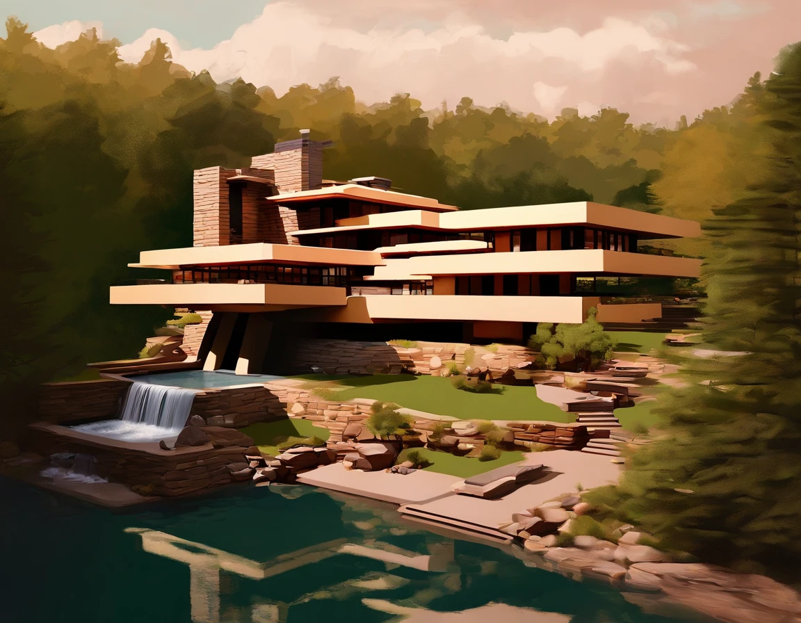 (((An amazing house))), (minimalism and brutalism style influence), ((Frank Lloyd Wright Fallingwater)),(((with large terraces))), (beautiful gardens), ((natural lake)), waterfall ((top of a small hill)), (in edge of a river), sunset, big, deep and beautiful clouds, illustration format, cool and warm color palette, high contrast, hard shadows (Masterpiece, highest quality), (Exquisite lighting and shadow, highly dramatic picture, Cinematic lens effect), (((Simon Stålenhag visual style))) one-story house, big panorama windows, 200 square meter house, etage, avantgarde, future, flat roof, architecture, modern, tree-panels on the outside,very green garden