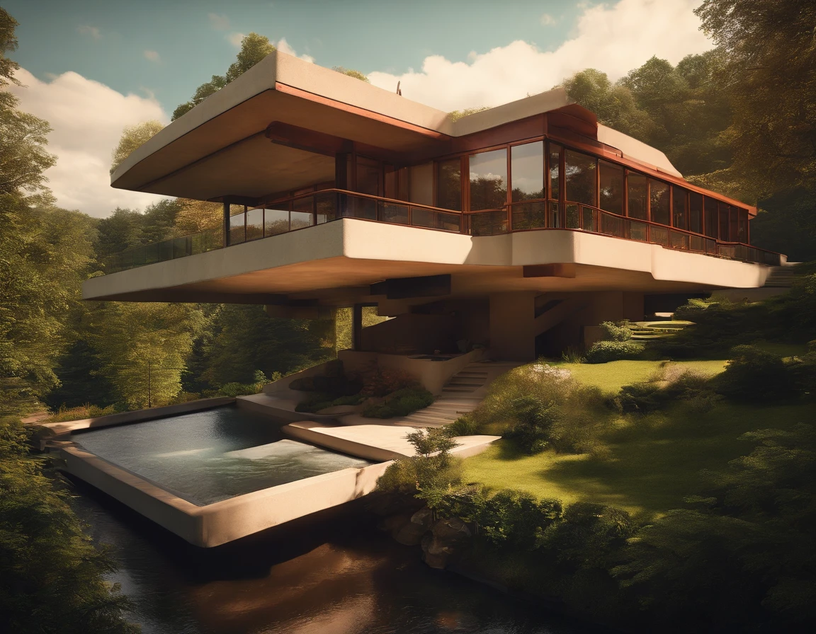 (((An amazing house))), (minimalism and brutalism style influence), ((Frank Lloyd Wright Fallingwater)),(((with large terraces))), (beautiful gardens), ((natural lake)), waterfall ((top of a small hill)), (in edge of a river), sunset, big, deep and beautiful clouds, illustration format, cool and warm color palette, high contrast, hard shadows (Masterpiece, highest quality), (Exquisite lighting and shadow, highly dramatic picture, Cinematic lens effect), (((Simon Stålenhag visual style))) one-story house, big panorama windows, 200 square meter house, etage, avantgarde, future, flat roof, architecture, modern, tree-panels on the outside,very green garden