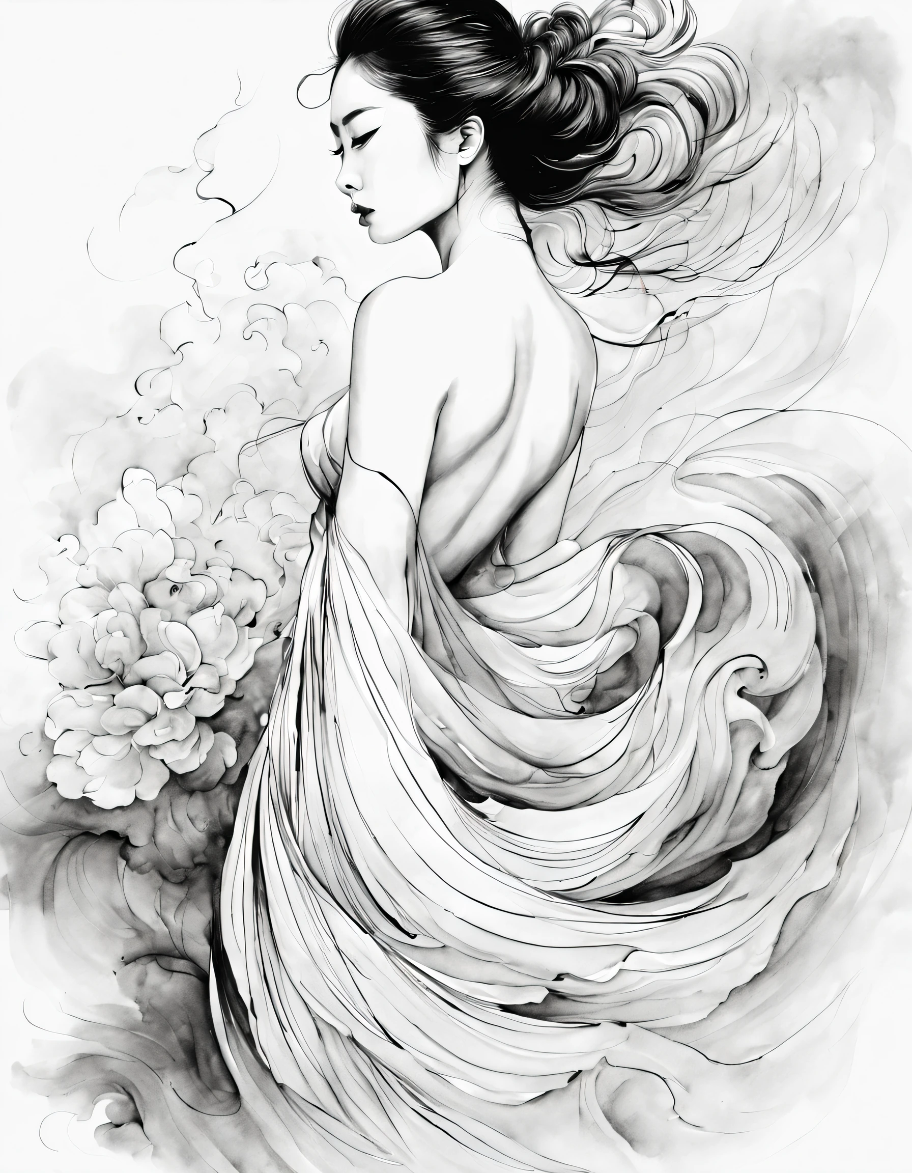 Chinese traditional ink body art style, (Use simple lines to outline a woman’s graceful figure），back, undulating lines, Thick and thin lines, (body art）,
line art, Black and white painting,character drawing,line art,lyrical abstraction, Fountain Pen Art,Gel Pen,crayon art,