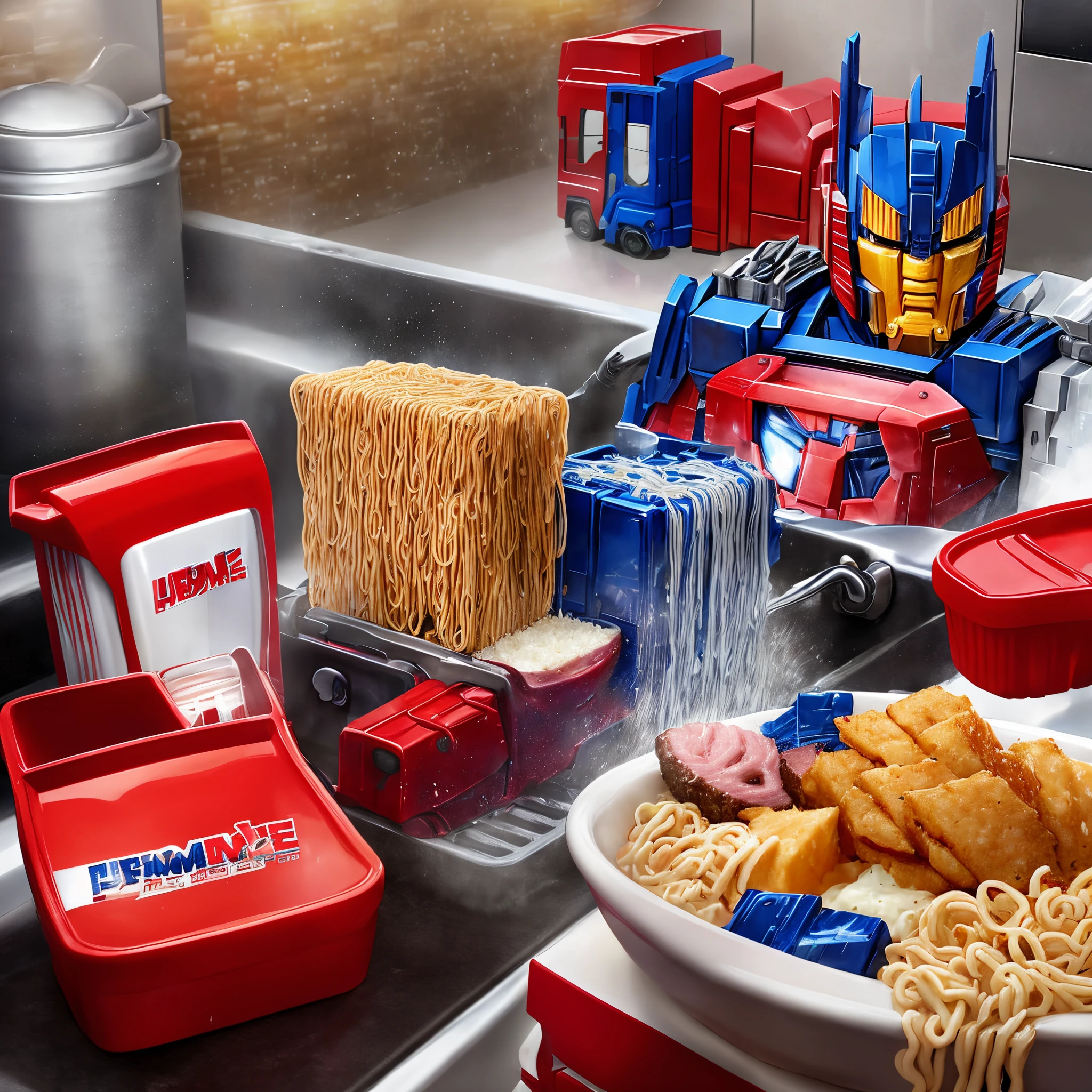 Optimus Prime takes a bath and eats ramen noodles and hamburgers