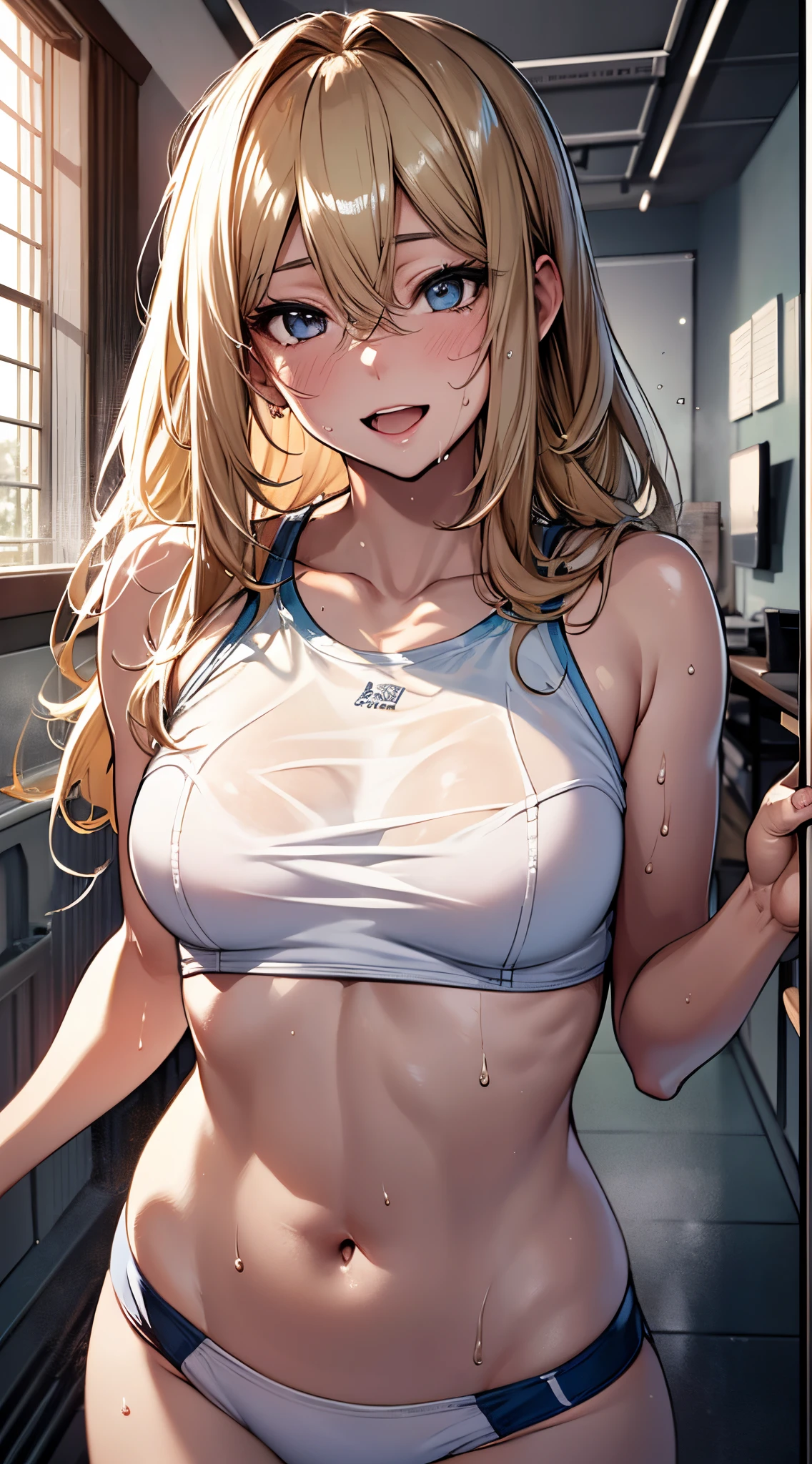 1 female,golden hair,25 years old,(((Blue shiny micro tight skirt)))((white tank top))(((blush cheeks、open mouth smile)),(((straight hair))),(((Portrait))),crowd,,((wet with sweat))(Sexy black bra with see-through tank top)(glasses)(((small breasts)))