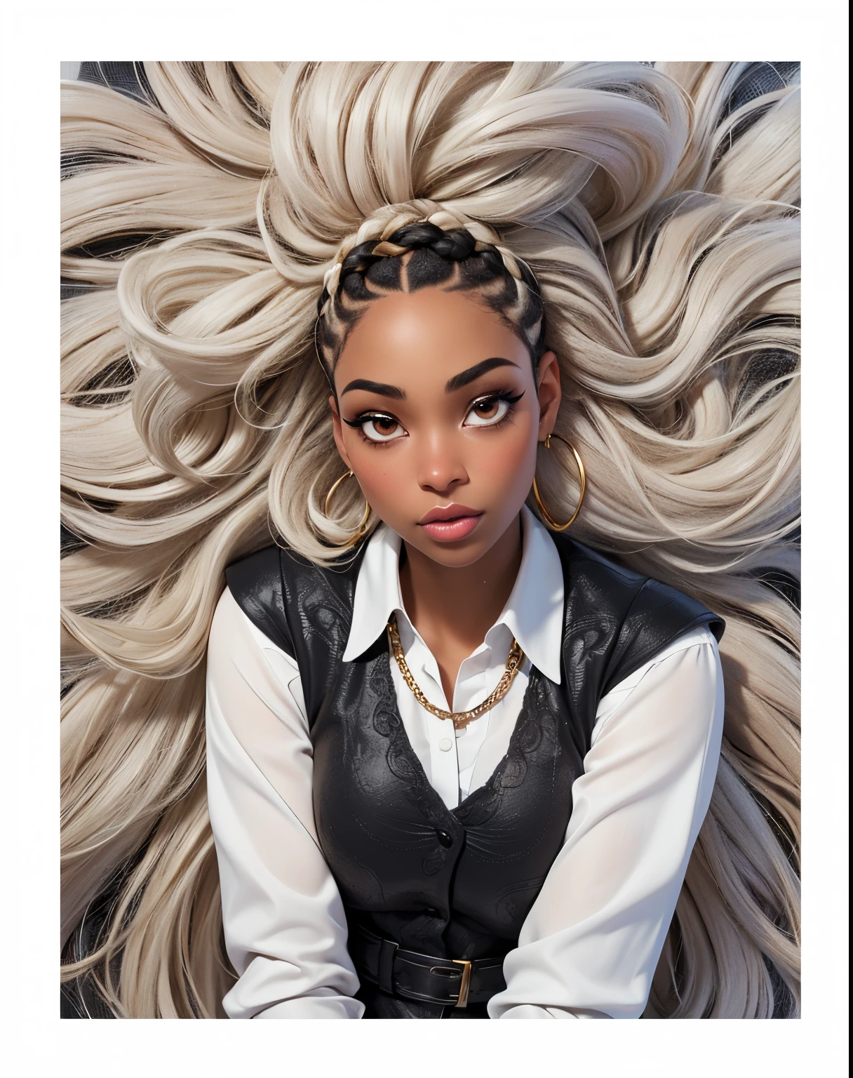 (black girl,light skin),(white buttoned down collar shirt),(black gown vest),(gold double chain),(hair braided straight back),(grey coloured fur background),(best quality:1.2),(ultra-detailed),(realistic:1.37),(portrait),(vivid colors),(soft lighting),(delicate facial features),(beautiful expressive eyes),(perfectly arched eyebrows),(full luscious lips),(subtle makeup),(elegant posture),(confident gaze),(fine details on clothing),(luxurious texture of fur),(sharp focus),(professional).(bokeh)