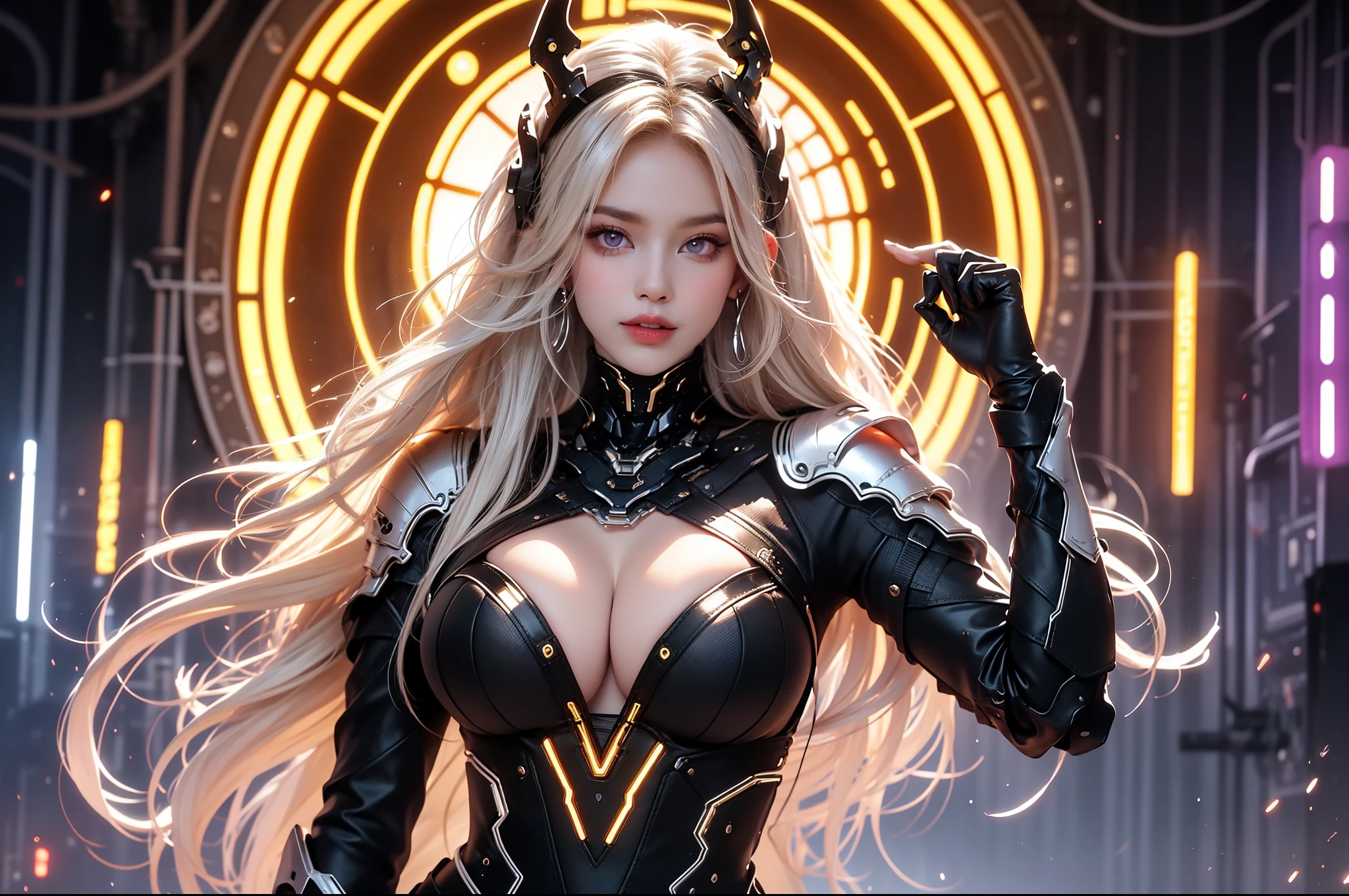 (masterpiece), best quality, expressive eyes, perfect face, beautiful details face, beautiful round eyes, full body, A beautiful mature woman in cyber armour suit shows her Extremely busty and attractive breasts, (arrogant face), (platinum red hair), (curtained hair, streaked hair, expressive hair, shiny hair, glowing hair, multicolored hair, gradient hair, colored inner hair, straight hair, very long hair), fair skin, (beautiful detailed full bodysuit:1.3), (full body cyber armour), glowing and shining armour, silver and orange cyber armour, (Edge lights:1.3), (silver and orange colour scheme:1.3), neon light on armor, beautiful details eyes, (purple eyes:1.3), (glowing eyes:1.2), (Gigantic saggy breasts:1.5), tight breasts, thick body, (well accentuated curves), pink lips, (silver nails), mascara, Long eyelashes, eyeliners, (Extremely wide well defined hips:1.3), (beautiful massive thick thighs:1.3), slender figure, (Extremely detailed skin texture:1.2), beautiful detailed realistic muscle definition, golden lights that shimmer, high detailed eyes, ultra-high quality model, proportionate, intense colouration fantasy, (background fantasy cyber city), orange and gold tetradic colours, random poses, earrings, (1girl), solo, cowboy shot , from below ,shine