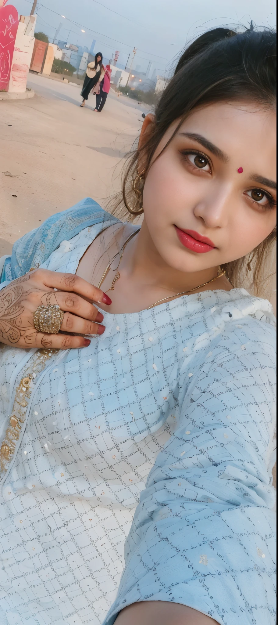 (((desi girl))), chubby face, natural skin, wearing hot deep neck top and dupatta, charming black hair, look at me, ((hair ends are blonde)), city streets background, bokeh