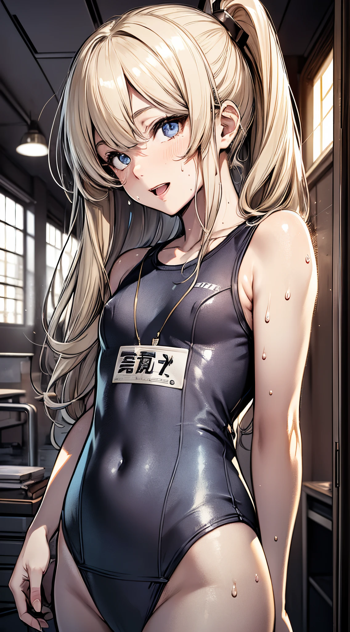 top-quality、supreme1People Girls,hightquality,A detailed face、A detailed eye、Detailed nose、Detailed mouth、 Beautiful expression, ((masuter piece)), ((High resolution)), ((Best Quality)), detail, (NSFW ,cum faced、Excited face.Very happy,), ((Skin shiny with sweat)), (School swim wear)、 girl with, a blond, (Half Twin Tail)、Standing figure、fair white skin:1.3、、Smaller chest, cinmatic lighting, perfectly shaded,(((a room))), Realistic lighting with shades,Reflecting the whole body