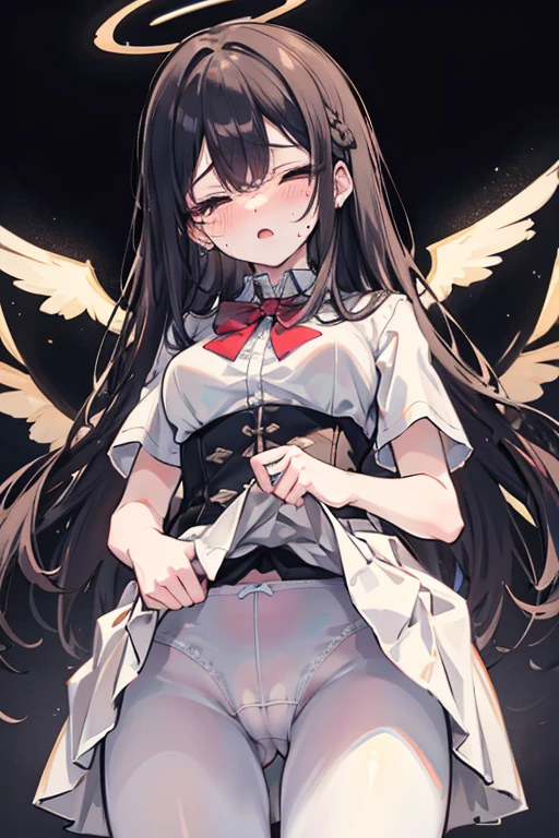 white skirt,black hair, single braid, white skirt,white pantyhose,corset, 8K, masterpiece,detailed halo, highly detailed face,medium breast,wing on the waist, closed eyes,god ray,detailed shading,depth of field BREAK tearful eyes, sobbing, angry, :o, blush, flipping skirt, skirt lift, self lift, from below, camel toe