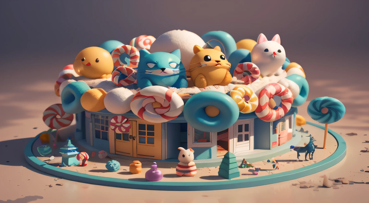 (cute world of candy, full size 3d candyland), highly detailed, super cute, superb lighting, volumetrics, by Jon Klassen, Ghibli Studio style, Tilt - shift, 80mm lens, unreal engine, Large aperture, 3d, blender, masterpiece, super detail, best quality, --v6