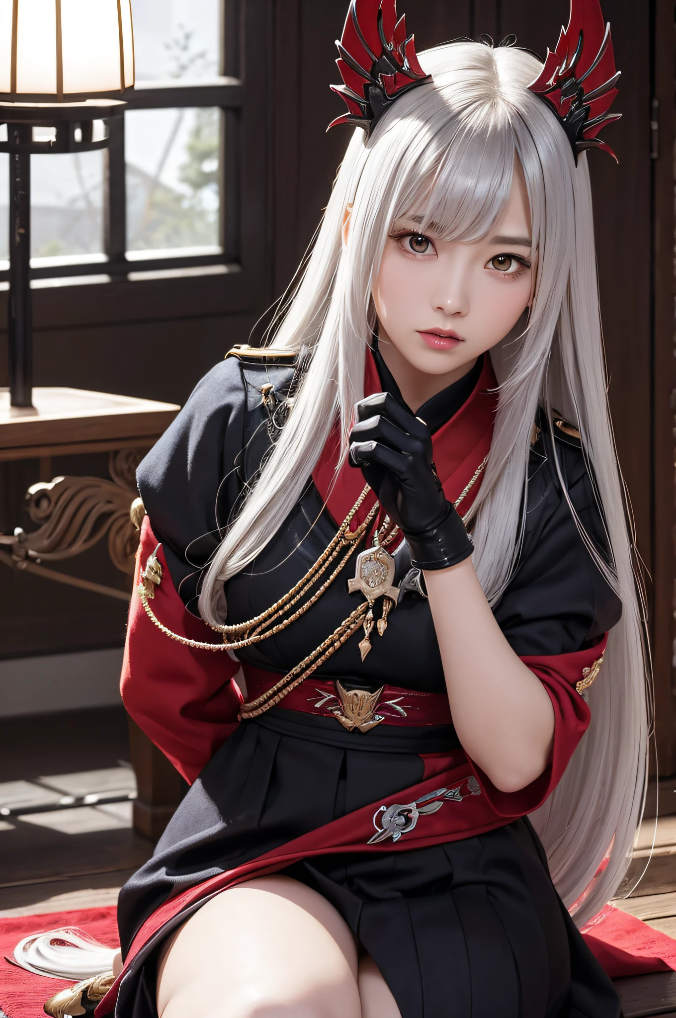 1 Japanese、War Frame、Prime、Si Prime、Bolt Prime、saryn prime dynamic pose、complex pattern、heavy-metal、energy line、Faceless Glowing Eyes、With long silver hair、wind blown hair、elegent、vehement、Blood red and black uniform、Bloody wings、独奏、A desert、Sunny、with light glowing、toenails、 Dramatic lighting、 (masterpiece:1.2)、top-quality、hight resolution、beautifuldetails、ighly detailed、Perfect litthing、Stroke Hua、frombelow