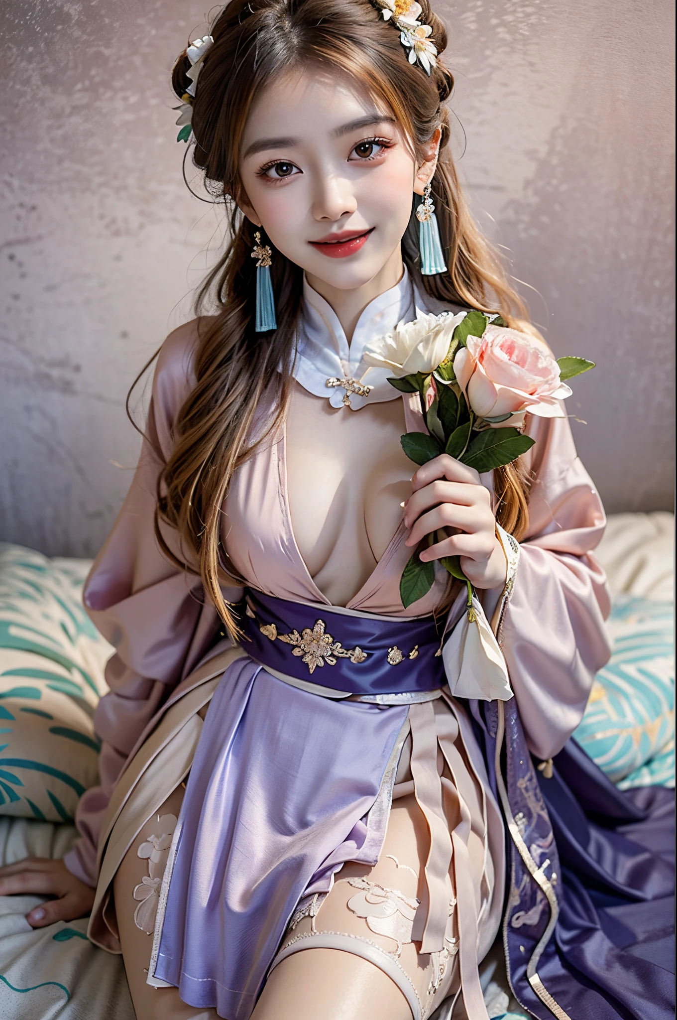((knee shot)), Satellite view, Bird's eye view, ((actual)), 1 Asian female model, A young girl, (closeup cleavage), (Lie down in bed, Cross ed leg), Pleasing posture, Various postures attract attention, Flirting skirts, detailed scene, slender leg, curlies, hair pin, beautiful hair ornaments, Brownish-yellow hair, light make-up, blush blush, gloss on the lips, (Hanfu), ((White flower hanfu, draped in silk, DEEP-V COLLAR, high-waist, nice belt)), (white colors, in pink, purpleish color, cyan colors), ((warmly lit, Warm color palette)), (Extremely high color saturation), detailed detail, ultra - detailed, (tmasterpiece, Best quality), (An extremely delicate and beautiful work), elaborate earrings, delicatenecklace, simple blurr background, Extremely detailed description, Ultra-fine painting, s delicate face, slim toned body, Slimming the waist, (happy grin), (Anatomical correct)