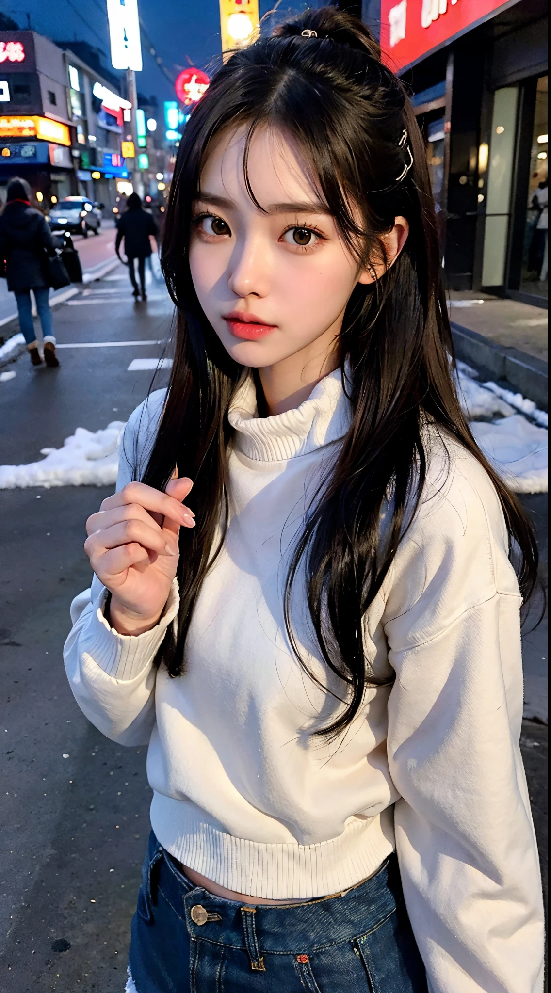 Japan Girl,beautiful girlfriend,a beauty,Raw foto,8K,city lighting,((Down jacket, muffler and jeans miniskirt)),Smooth long hair,A dark-haired,A detailed face,Detailed skin,Detailed eyes,(Slim body:1.3),petite girl in,About 23 years old,Downtown on a winter night