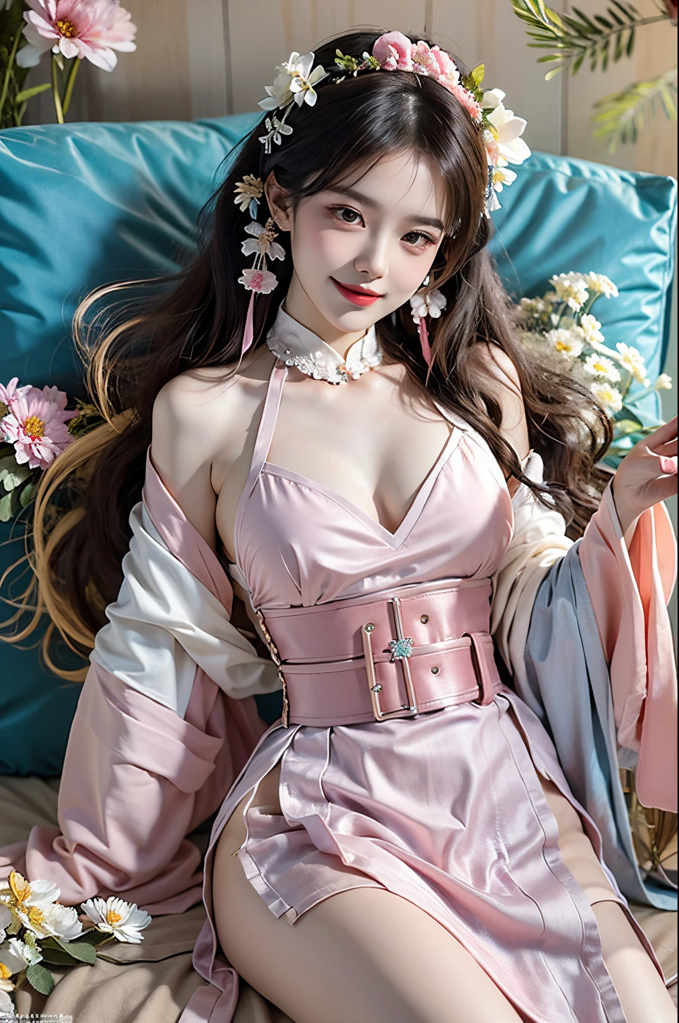 ((knee shot)), Satellite view, Bird's eye view, ((actual)), 1 Asian female model, A young girl, (closeup cleavage), (Lie down in bed, Cross ed leg), Pleasing posture, Various postures attract attention, Flirting skirts, detailed scene, slender leg, curlies, hair pin, beautiful hair ornaments, Brownish-yellow hair, light make-up, blush blush, gloss on the lips, (Hanfu), ((White flower hanfu, draped in silk, DEEP-V COLLAR, high-waist, nice belt)), (white colors, in pink, purpleish color, cyan colors), ((warmly lit, Warm color palette)), (Extremely high color saturation), detailed detail, ultra - detailed, (tmasterpiece, Best quality), (An extremely delicate and beautiful work), elaborate earrings, delicatenecklace, simple blurr background, Extremely detailed description, Ultra-fine painting, s delicate face, slim toned body, Slimming the waist, (happy grin), (Anatomical correct)
