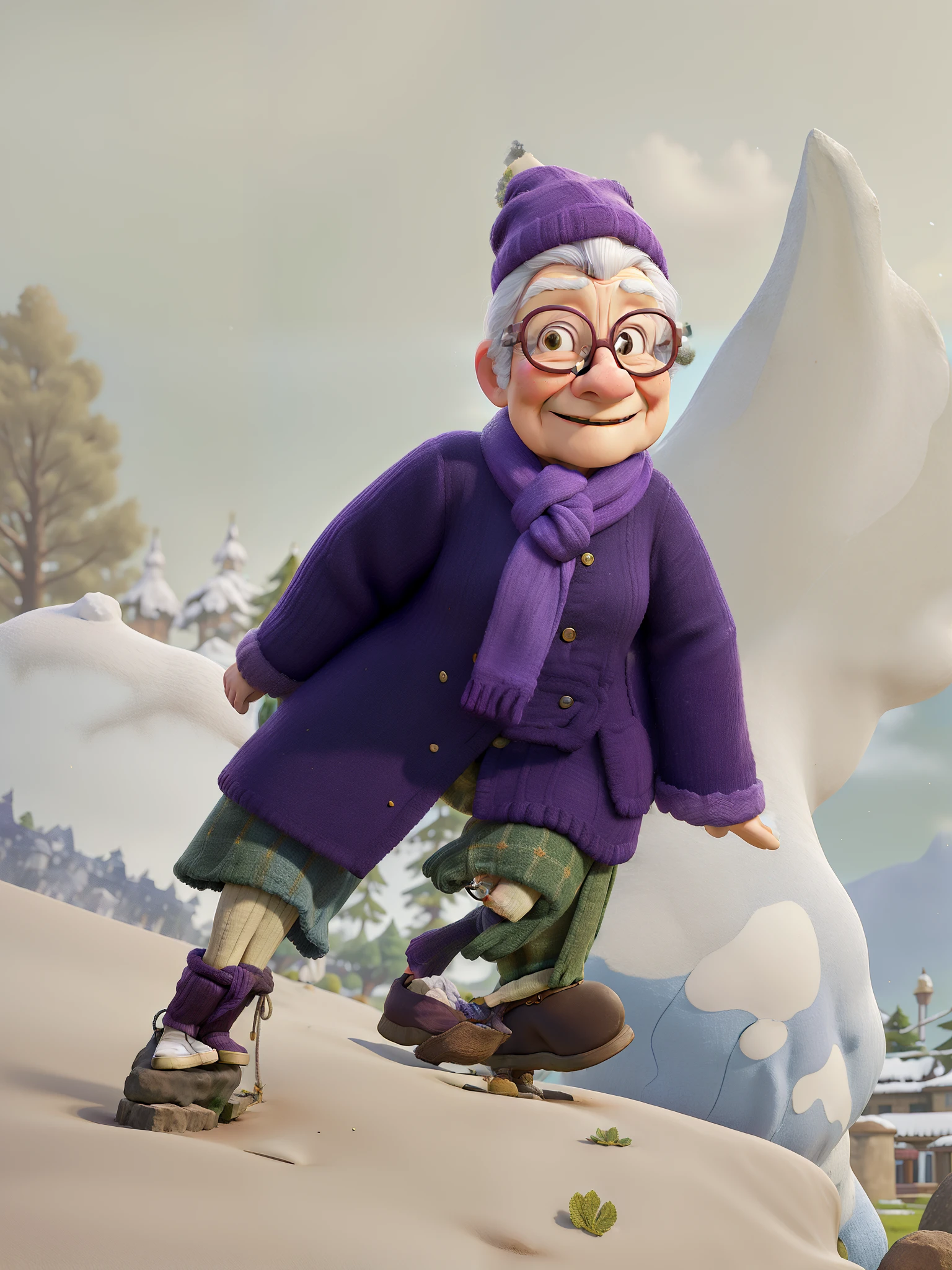 masterpiece, best quality, an old woman with glasses and a scarf on, wearing a purple coat and green scarf, standing at the park