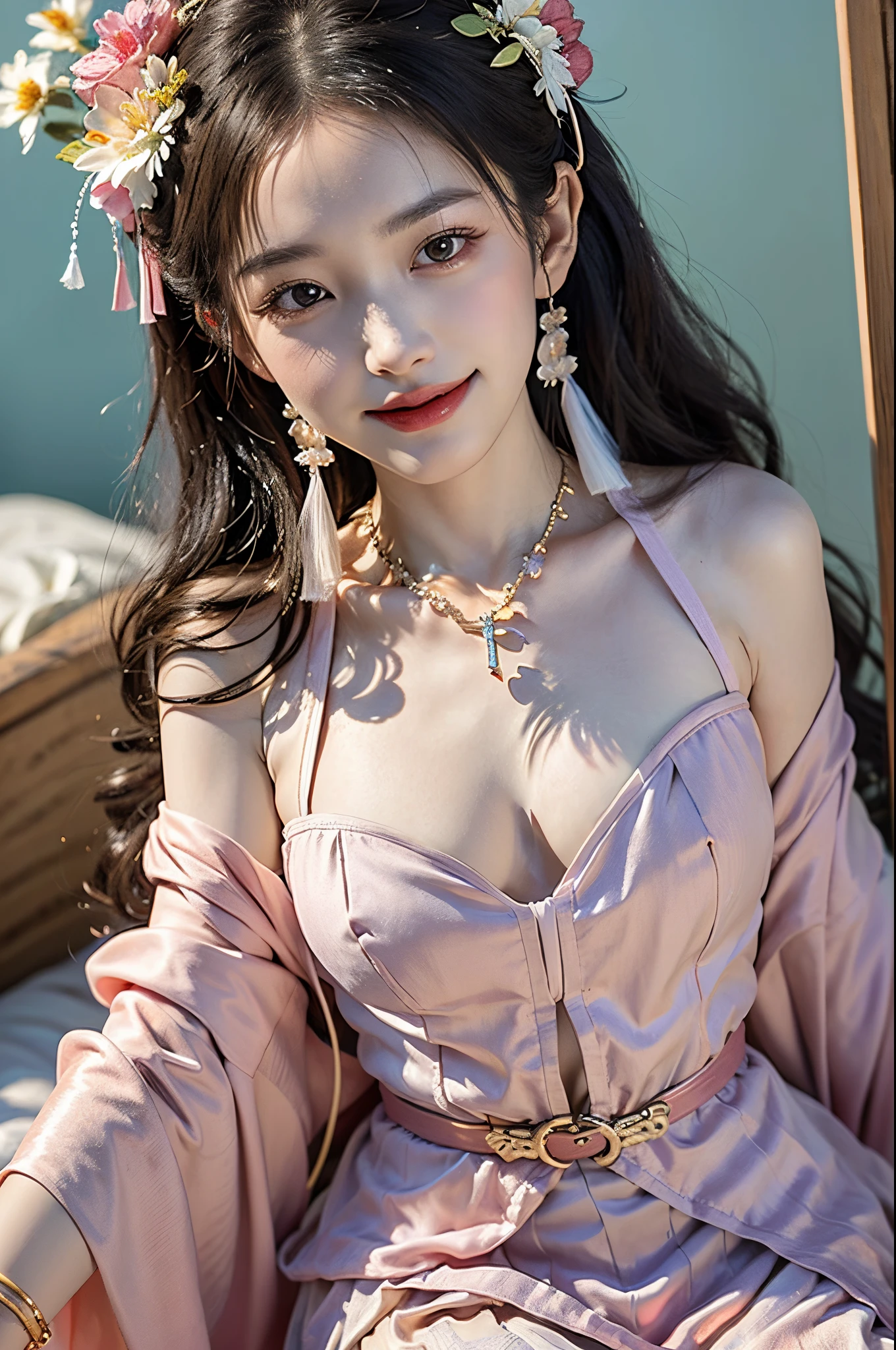 ((knee shot)), Satellite view, Bird's eye view, ((actual)), 1 Asian female model, A young girl, (closeup cleavage), (Lie down in bed, Cross ed leg), Pleasing posture, Various postures attract attention, Flirting skirts, detailed scene, slender leg, curlies, hair pin, beautiful hair ornaments, Brownish-yellow hair, light make-up, blush blush, gloss on the lips, (Hanfu), ((White flower hanfu, draped in silk, DEEP-V COLLAR, high-waist, nice belt)), (white colors, in pink, purpleish color, cyan colors), ((warmly lit, Warm color palette)), (Extremely high color saturation), detailed detail, ultra - detailed, (tmasterpiece, Best quality), (An extremely delicate and beautiful work), elaborate earrings, delicatenecklace, simple blurr background, Extremely detailed description, Ultra-fine painting, s delicate face, slim toned body, Slimming the waist, (happy grin), (Anatomical correct)