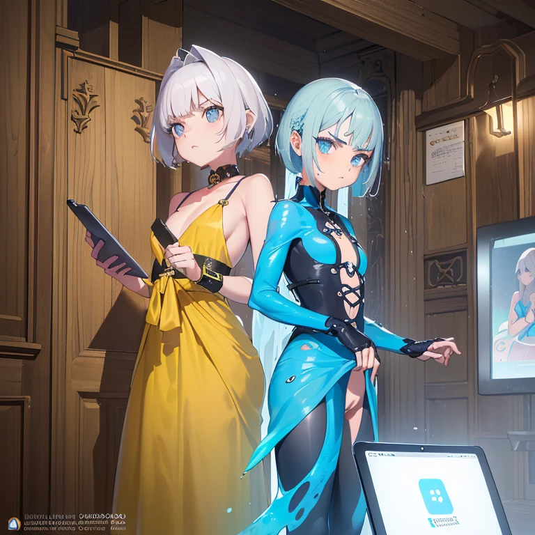 ((1 mulher ciborgue)),((seios grandes, seios nus, buceta nua, completely naked, piercing clitoriano azul)),((Standing, Futuristic room)),((serious face)),((bare breasts , com muito cabelo bubiano, vestindo um casaco de cientista)),((short gray hair with elastic, olhos amarelos brilhantes)),((de frente para o espectador, segurando um tablet)),((Standing, crescendo um no , In the , two hands opening the pussy, liquid coming out of the pussy)),((crescendo da sua buceta))