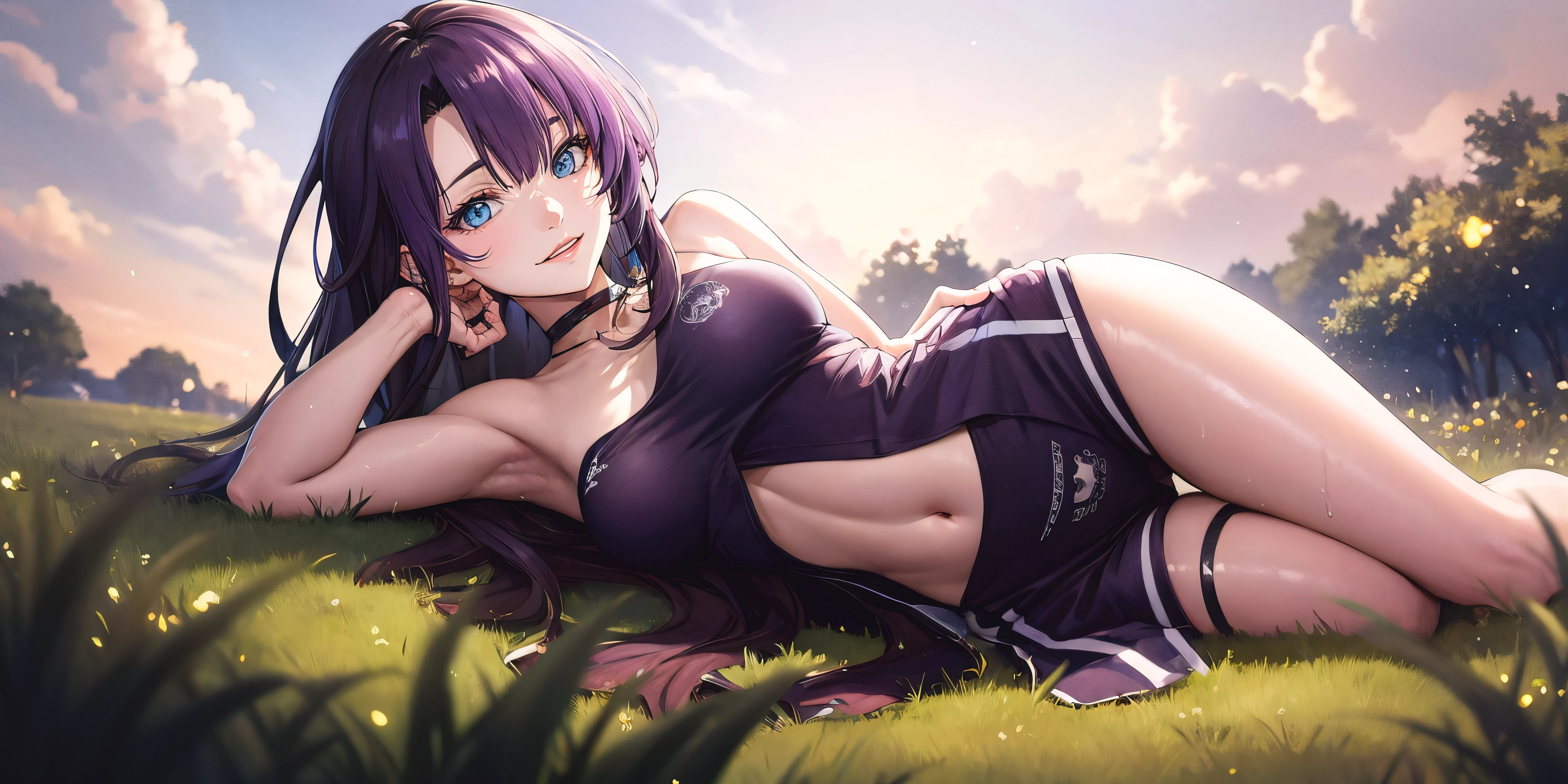 anatomically correct, best quality, masterpiece, high quality, high details, highres, HD, (shaded face:1.2), hollow eyes, purple eyes, looking at viewer, heavy breathing, smirk, upper teeth, purple hair, long hair, szrace, sweating, wet, a woman laying on top of a lush green field, by Shingei, pixiv contest winner, sporty physique, chilled out smirk on face, kantai collection style, lying on the woods path