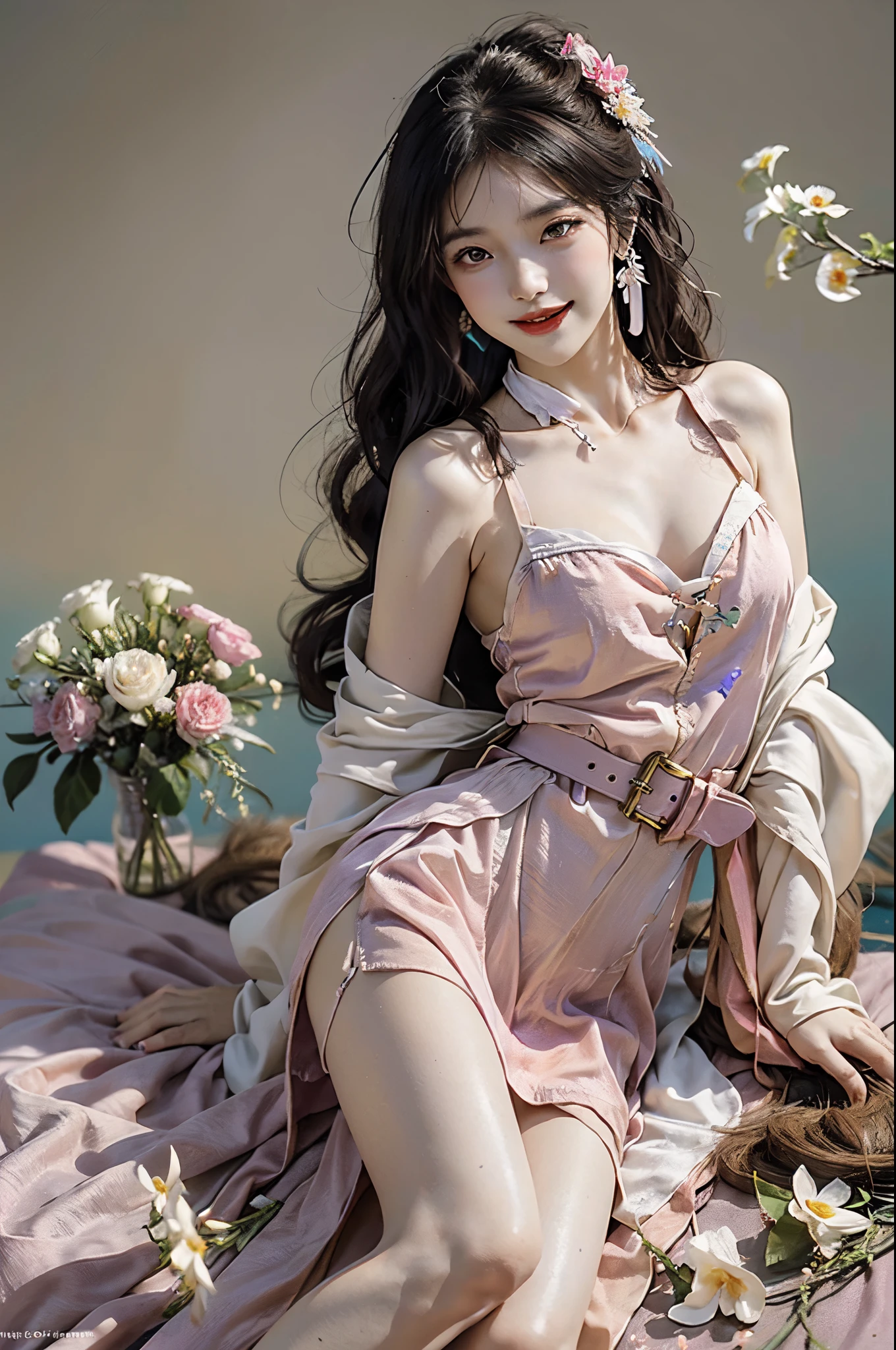 ((knee shot)), Satellite view, Bird's eye view, ((actual)), 1 Asian female model, A young girl, (closeup cleavage), (Lie down in bed, Cross ed leg), Pleasing posture, Various postures attract attention, Flirting skirts, detailed scene, slender leg, curlies, hair pin, beautiful hair ornaments, Brownish-yellow hair, light make-up, blush blush, gloss on the lips, (Hanfu), ((White flower hanfu, draped in silk, DEEP-V COLLAR, high-waist, nice belt)), (white colors, in pink, purpleish color, cyan colors), ((warmly lit, Warm color palette)), (Extremely high color saturation), detailed detail, ultra - detailed, (tmasterpiece, Best quality), (An extremely delicate and beautiful work), elaborate earrings, delicatenecklace, simple blurr background, Extremely detailed description, Ultra-fine painting, s delicate face, slim toned body, Slimming the waist, (happy grin), (Anatomical correct)