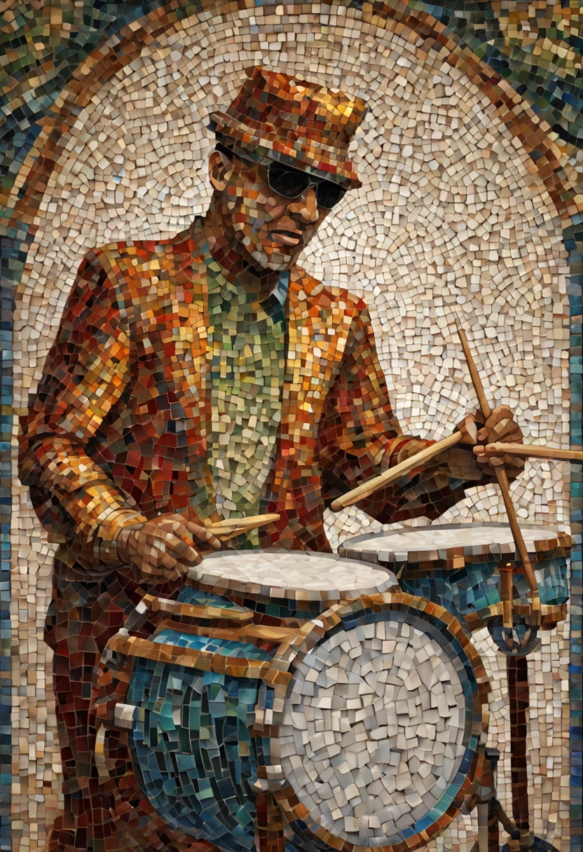 Expressive, multicolored mosaic of the drummer with meticulous detailing 3d and a lustrous finish --ar 7:4