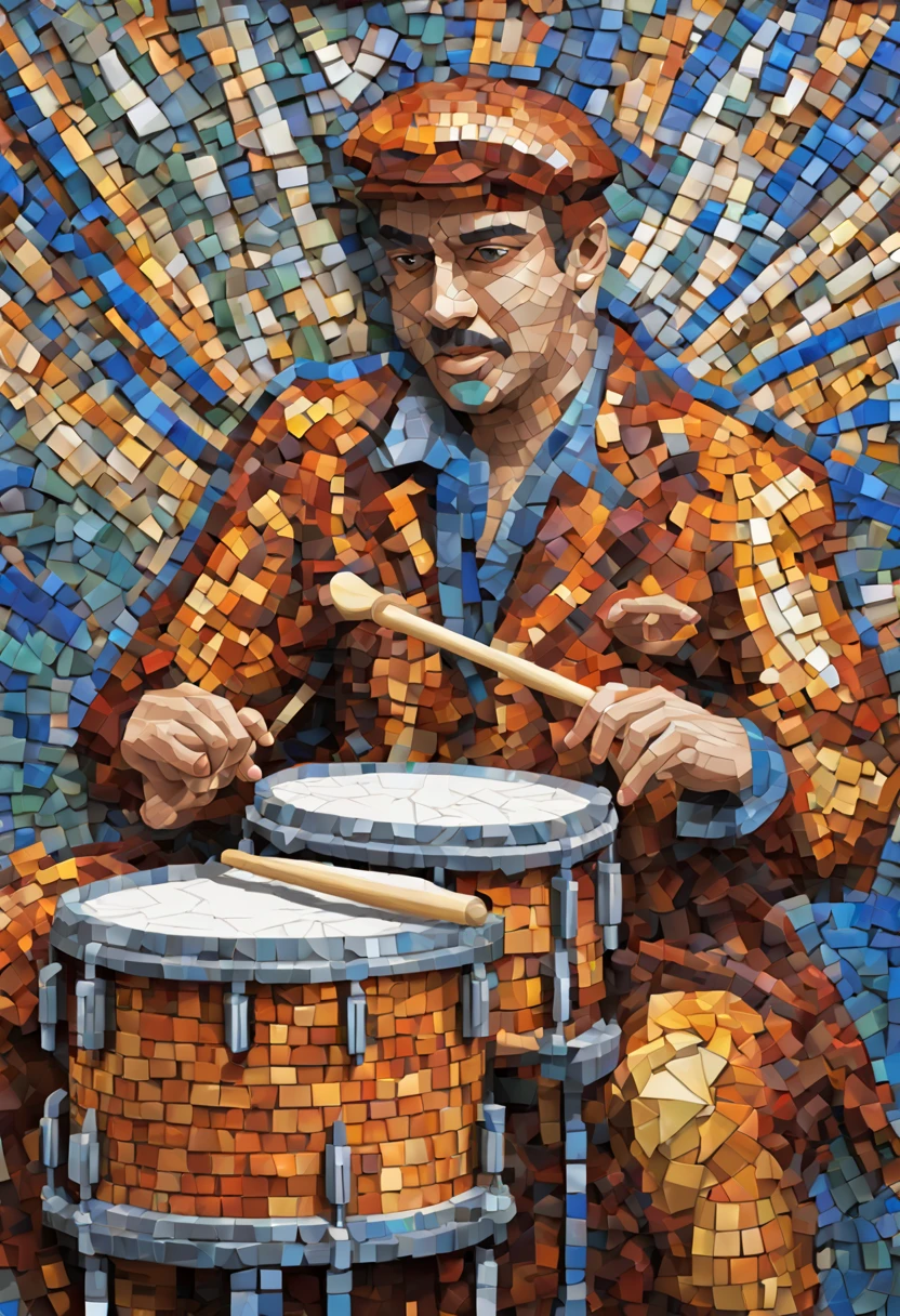 Expressive, multicolored mosaic of the drummer with meticulous detailing 3d and a lustrous finish --ar 7:4