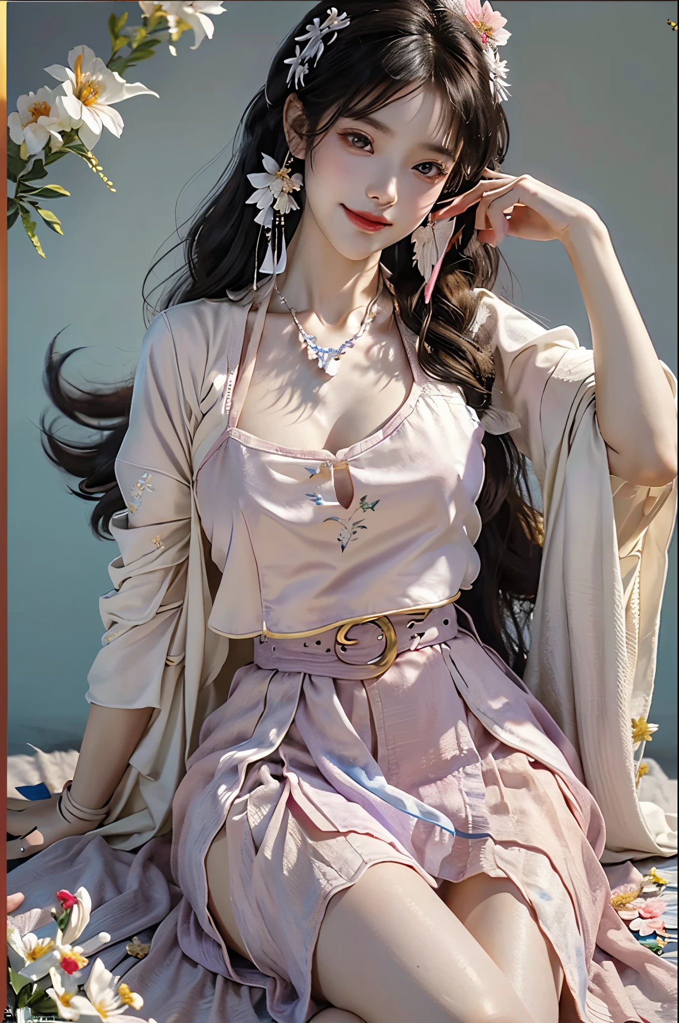 ((knee shot)), Satellite view, Bird's eye view, ((actual)), 1 Asian female model, A young girl, (closeup cleavage), (Lie down in bed, Cross ed leg), Pleasing posture, Various postures attract attention, Flirting skirts, detailed scene, slender leg, curlies, hair pin, beautiful hair ornaments, Brownish-yellow hair, light make-up, blush blush, gloss on the lips, (Hanfu), ((White flower hanfu, draped in silk, DEEP-V COLLAR, high-waist, nice belt)), (white colors, in pink, purpleish color, cyan colors), ((warmly lit, Warm color palette)), (Extremely high color saturation), detailed detail, ultra - detailed, (tmasterpiece, Best quality), (An extremely delicate and beautiful work), elaborate earrings, delicatenecklace, simple blurr background, Extremely detailed description, Ultra-fine painting, s delicate face, slim toned body, Slimming the waist, (happy grin), (Anatomical correct)