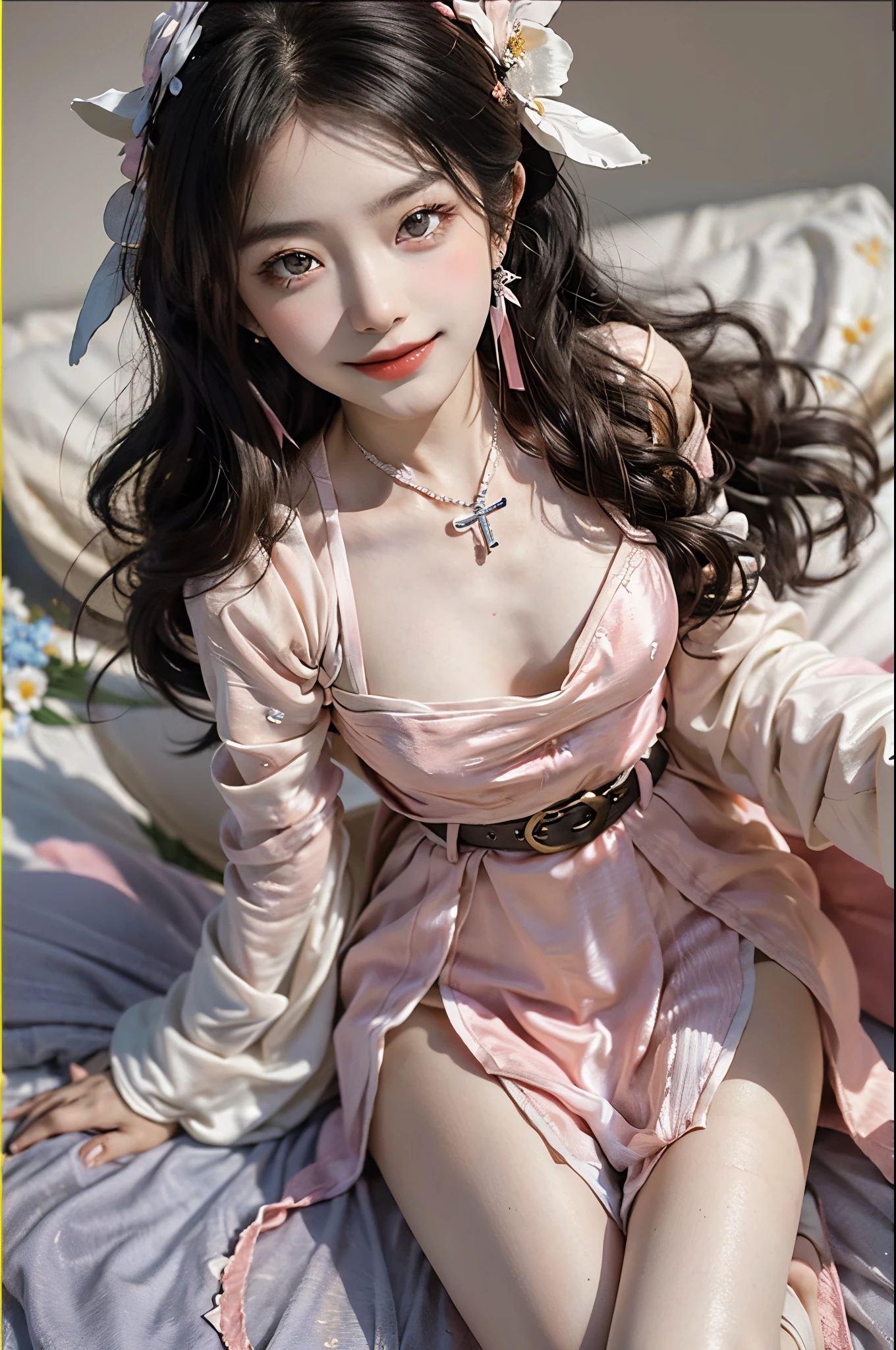 ((knee shot)), Satellite view, Bird's eye view, ((actual)), 1 Asian female model, A young girl, (closeup cleavage), (Lie down in bed, Cross ed leg), Pleasing posture, Various postures attract attention, Flirting skirts, detailed scene, slender leg, curlies, hair pin, beautiful hair ornaments, Brownish-yellow hair, light make-up, blush blush, gloss on the lips, (Hanfu), ((White flower hanfu, draped in silk, DEEP-V COLLAR, high-waist, nice belt)), (white colors, in pink, purpleish color, cyan colors), ((warmly lit, Warm color palette)), (Extremely high color saturation), detailed detail, ultra - detailed, (tmasterpiece, Best quality), (An extremely delicate and beautiful work), elaborate earrings, delicatenecklace, simple blurr background, Extremely detailed description, Ultra-fine painting, s delicate face, slim toned body, Slimming the waist, (happy grin), (Anatomical correct)