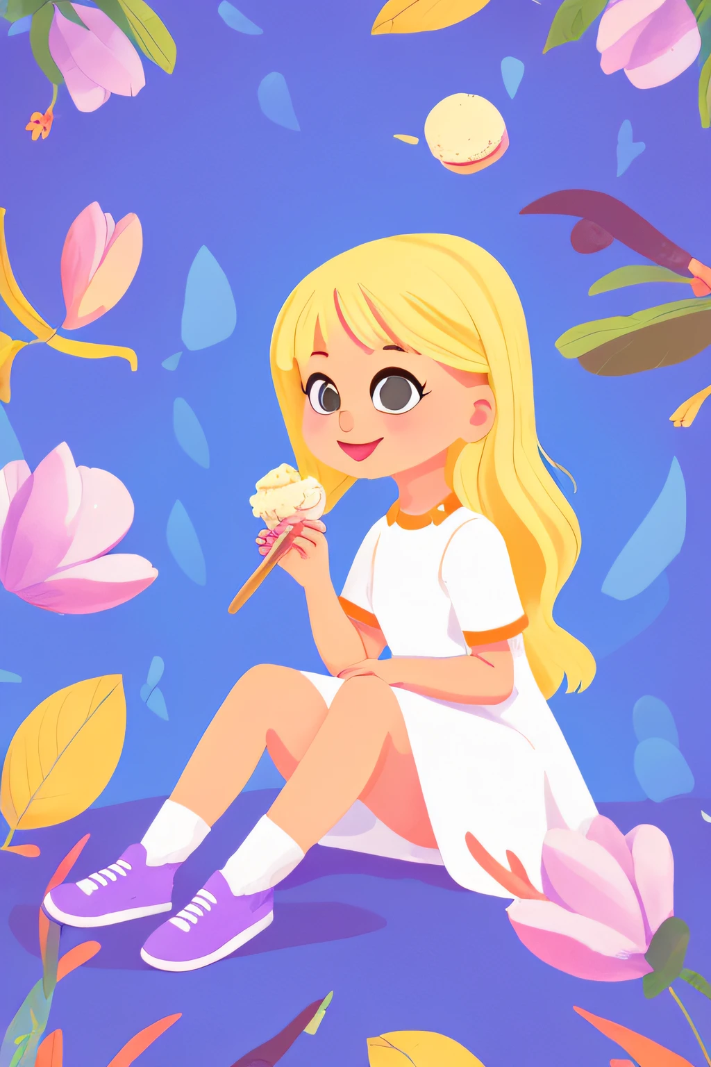 1 girl, cartoon girl, cartoon style, solo, blonde hair, violet dress, sitting, eating icecream, full body, big head, colorful, flat color, white background, simple background