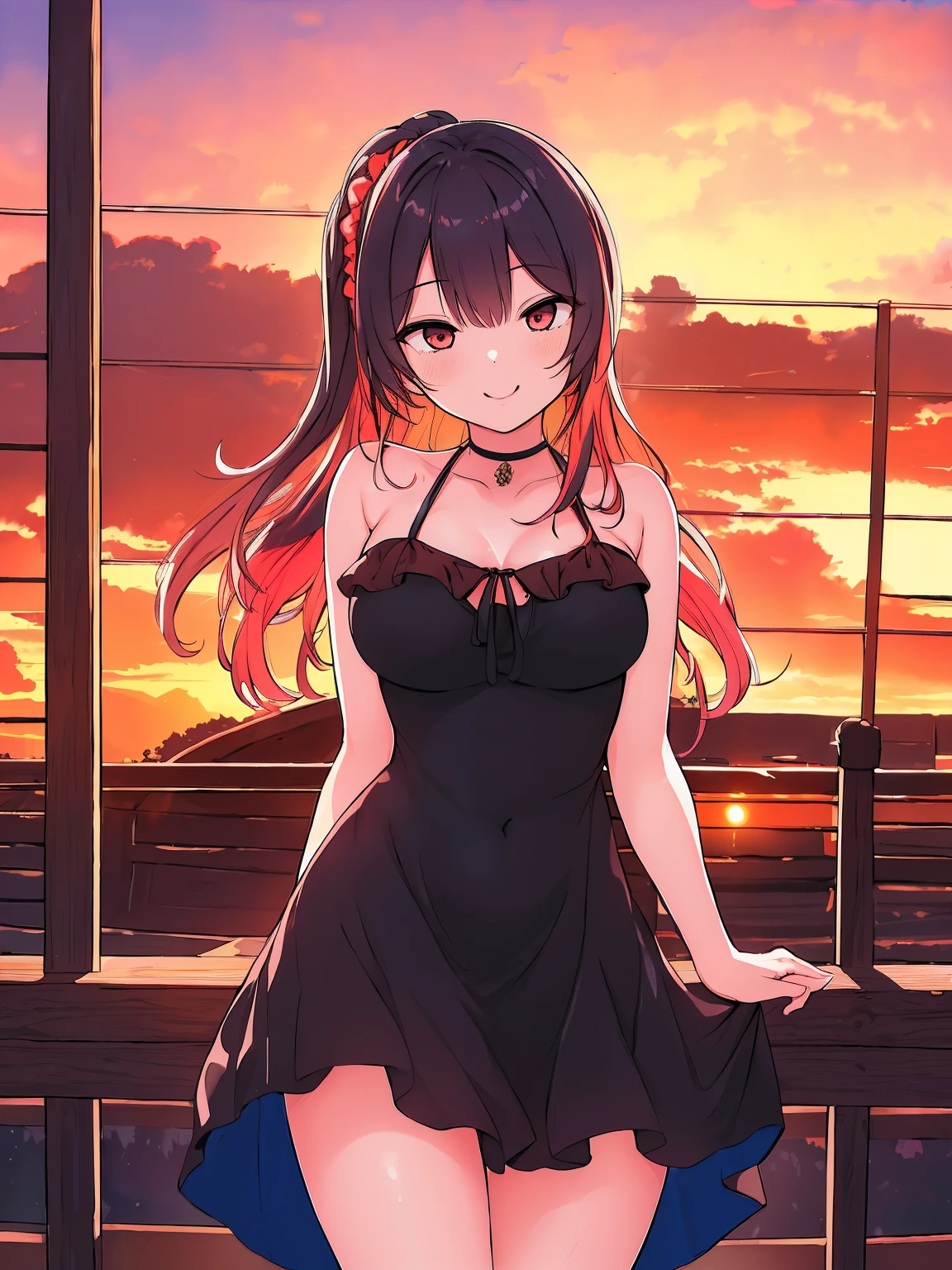 (highres,masterpiece:1.2),1girl,standing,cowboy shot,town background,sexy dress,seductive smile,hair scrunchie,middle breast,illustration,vivid colors,warm tones,sunset lighting