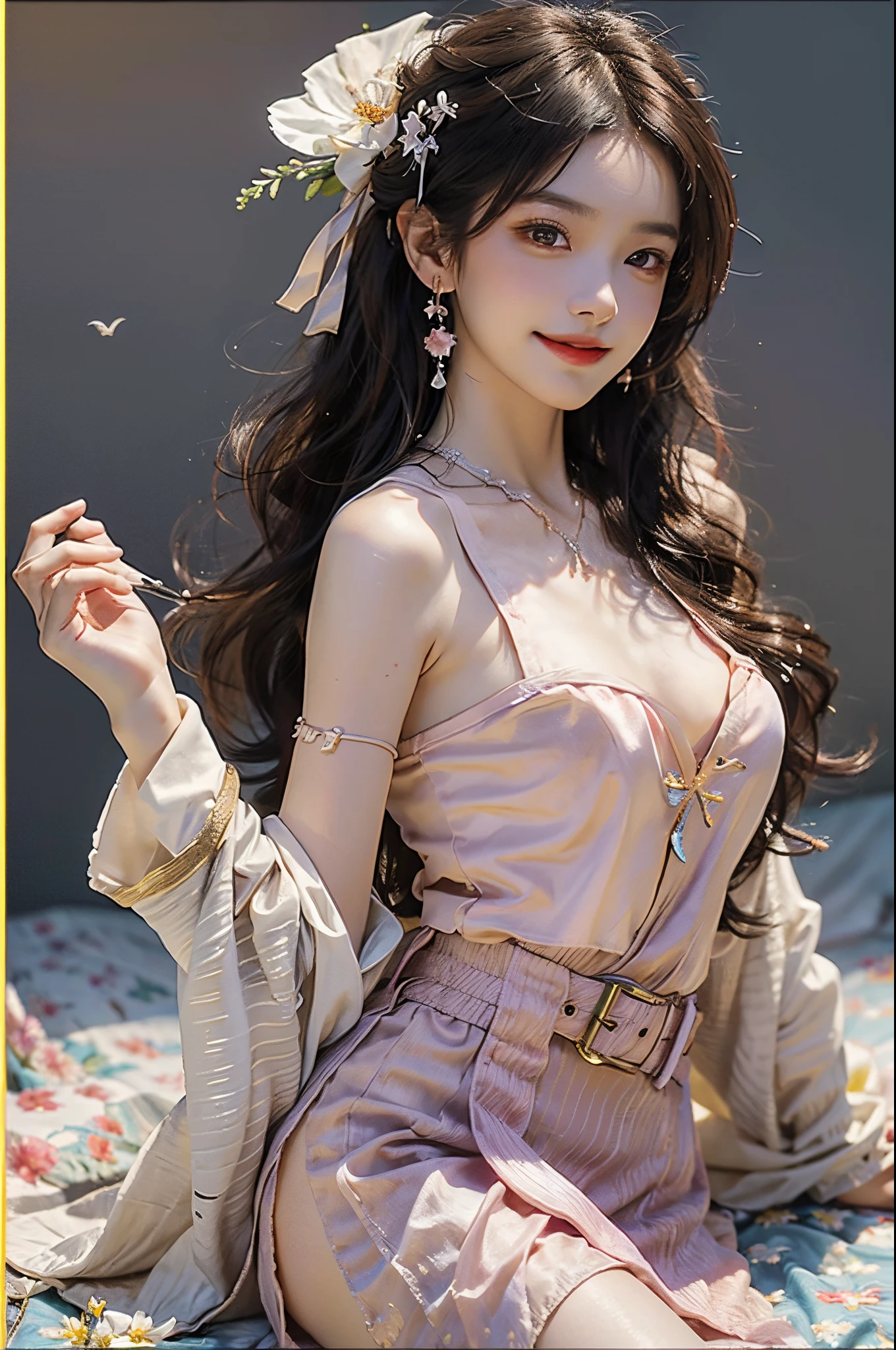 ((knee shot)), Satellite view, Bird's eye view, ((actual)), 1 Asian female model, A young girl, (closeup cleavage), (Lie down in bed, Cross ed leg), Pleasing posture, Various postures attract attention, Flirting skirts, detailed scene, slender leg, curlies, hair pin, beautiful hair ornaments, Brownish-yellow hair, light make-up, blush blush, gloss on the lips, (Hanfu), ((White flower hanfu, draped in silk, DEEP-V COLLAR, high-waist, nice belt)), (white colors, in pink, purpleish color, cyan colors), ((warmly lit, Warm color palette)), (Extremely high color saturation), detailed detail, ultra - detailed, (tmasterpiece, Best quality), (An extremely delicate and beautiful work), elaborate earrings, delicatenecklace, simple blurr background, Extremely detailed description, Ultra-fine painting, s delicate face, slim toned body, Slimming the waist, (happy grin), (Anatomical correct)