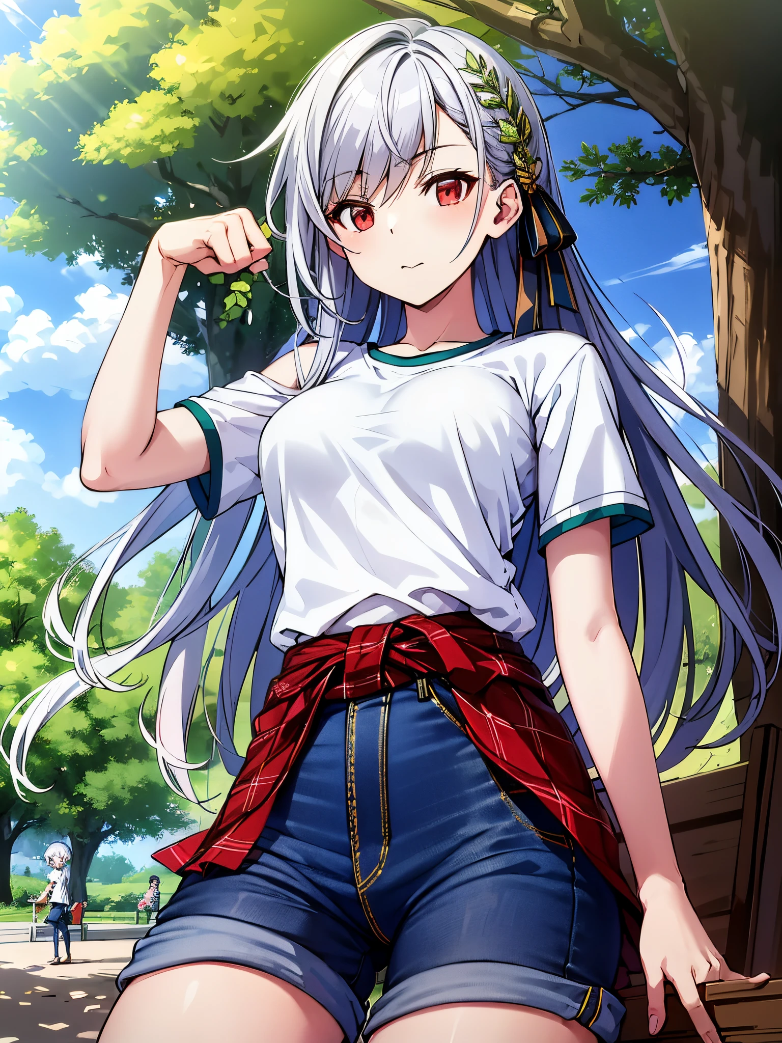 top-quality、 [3D images:1.15],hight resolution、Inglis Yukes,独奏,a park、Park with blooming flowers,Silver-white hair,A detailed eye、Hands at the waist、Red Eyes、white t-shirts、plain white shirt。Long Blue Jeans、From the knee up、 Center、A cute girl no matter who looks、Cowboy Shot、