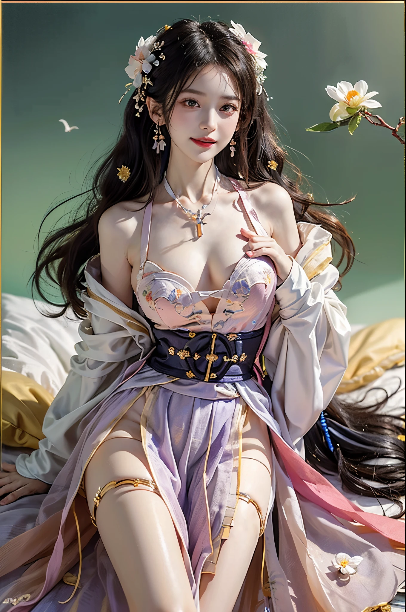 ((knee shot)), Satellite view, Bird's eye view, ((actual)), 1 Asian female model, A young girl, (closeup cleavage), (Lie down in bed, Cross ed leg), Pleasing posture, Various postures attract attention, Flirting skirts, detailed scene, slender leg, curlies, hair pin, beautiful hair ornaments, Brownish-yellow hair, light make-up, blush blush, gloss on the lips, (Hanfu), ((White flower hanfu, draped in silk, DEEP-V COLLAR, high-waist, nice belt)), (white colors, in pink, purpleish color, cyan colors), ((warmly lit, Warm color palette)), (Extremely high color saturation), detailed detail, ultra - detailed, (tmasterpiece, Best quality), (An extremely delicate and beautiful work), elaborate earrings, delicatenecklace, simple blurr background, Extremely detailed description, Ultra-fine painting, s delicate face, slim toned body, Slimming the waist, (happy grin), (Anatomical correct)
