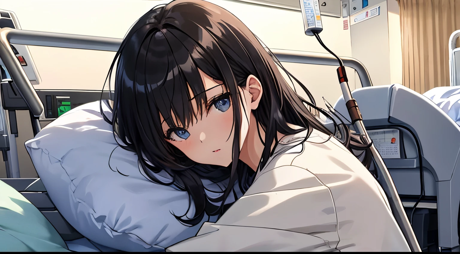 A young girl in a hospital gown，Long black hair hanging loosely，Lie on the bed in the ward，Peripheral medical equipment，The picture shows the hospital rescue scene。