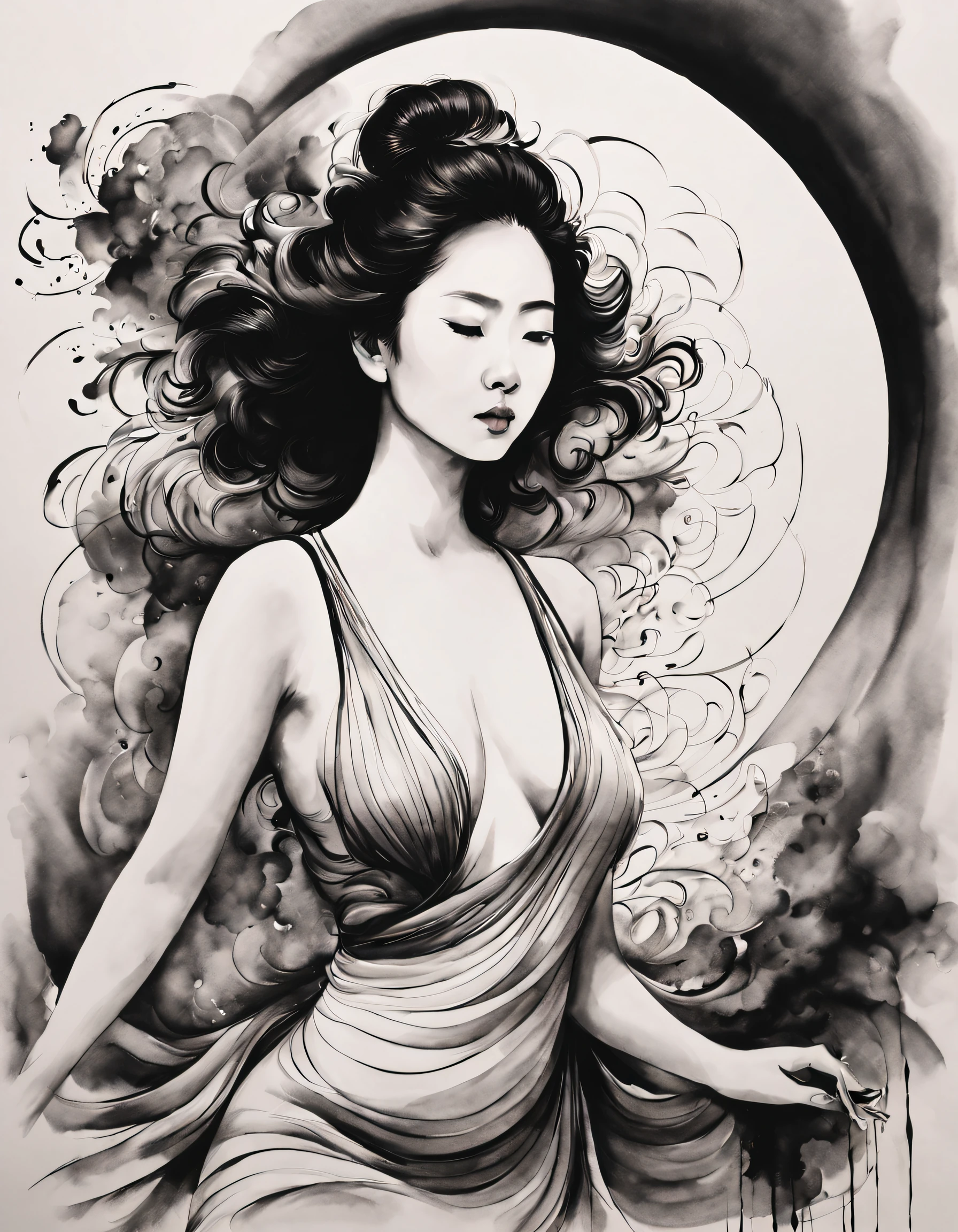 Chinese traditional ink body art style, (Use simple lines to outline a woman’s graceful figure),back, undulating lines, Thick and thin lines, (body art), line art, Black and white painting,character drawing,line art,lyrical abstraction, Fountain Pen Art,Gel Pen,crayon art,