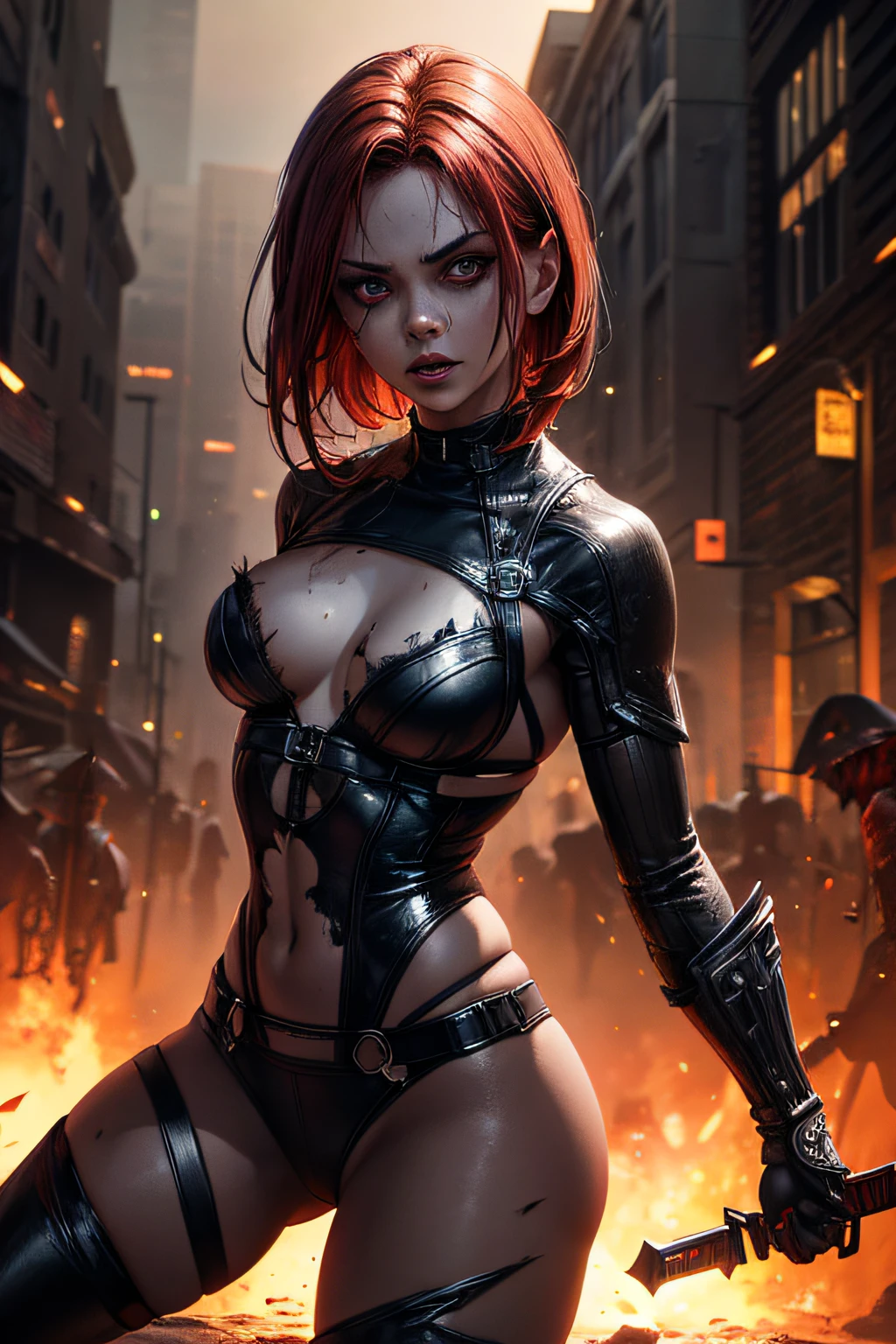 Bloodrayne (Kristanna Loken), red hair, wearing sexy black latex armor. Dancing guns up, armpit, in a nightclub, iron bars, post-apocalypse zombie chaos, devastated city