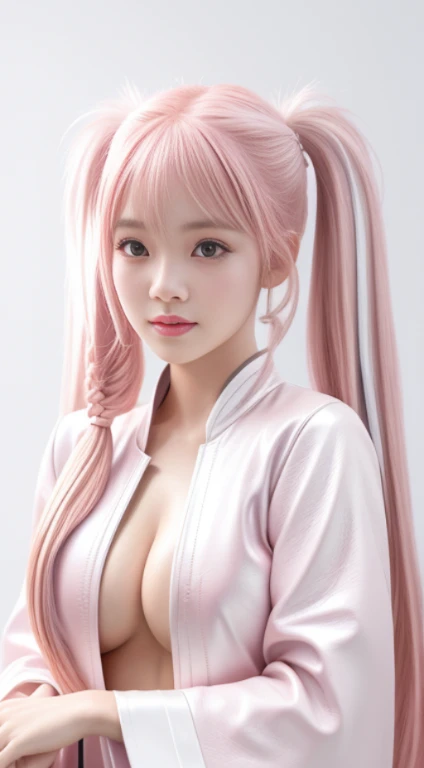 best quality, masterpiece, highres, wuxia 1girl, blush, (sensual smile:0.8), (white background:1.4), (dramatic look:1.2), star-shaped pupils, (Pink hair:1.3), (wearing white leather tide suite:1.3), Beautiful face, white face, upon_body, high detailed eyes, tyndall effect, photorealistic, dark studio, rim lighting, two tone lighting, (high detailed skin:1.2), 8k uhd, dslr, soft lighting, high quality, volumetric lighting, candid, Photograph, high resolution, 4k, 8k, Bokeh, (Very long pink twintails:1.2), ((medium size breast1.2))