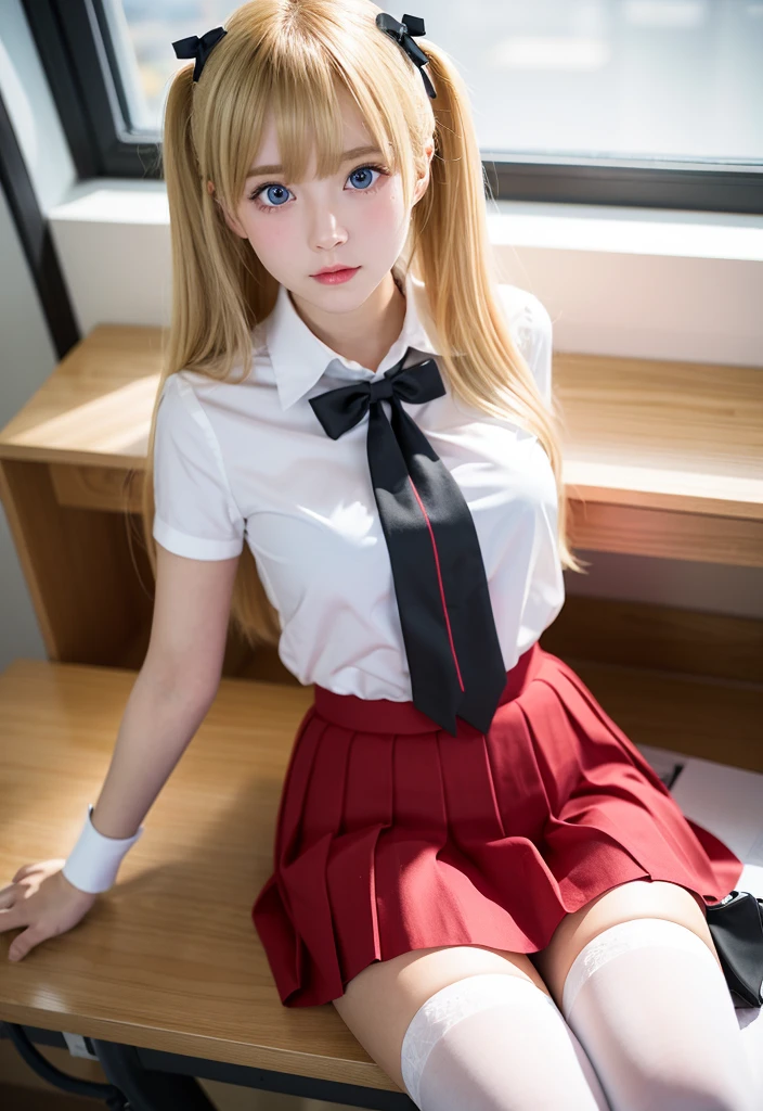 1 girl bothers、akizuki airi、Blonde、long bangs between the eyes、Super long bright blonde straight hair、twintails、red bows、red bows in hair、Glowing big bright light blue eyes、18yo student、Beautiful white shiny skin、 open shirt、busty、small nipples、 black knee socks、 skirt、red skirt、 pleated skirt、 red skirt、thighhighs、at school、lying on a desk、view from above, rating:explicit, ((erotick, Sexy and sexually explicit)),