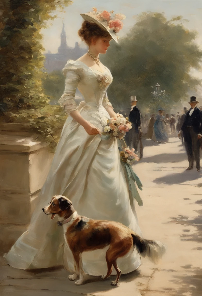 An elegant gentleman and a young, beguilingly beautiful Victorian lady with a small dog on a lead stroll along an elegant boulevard with a view of the sea Painting by Adolphe Menzel, masterpiece