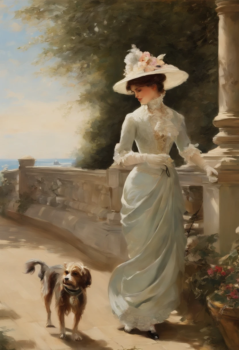 An elegant gentleman and a young, beguilingly beautiful Victorian lady with a small dog on a lead stroll along an elegant boulevard with a view of the sea Painting by Adolphe Menzel, masterpiece