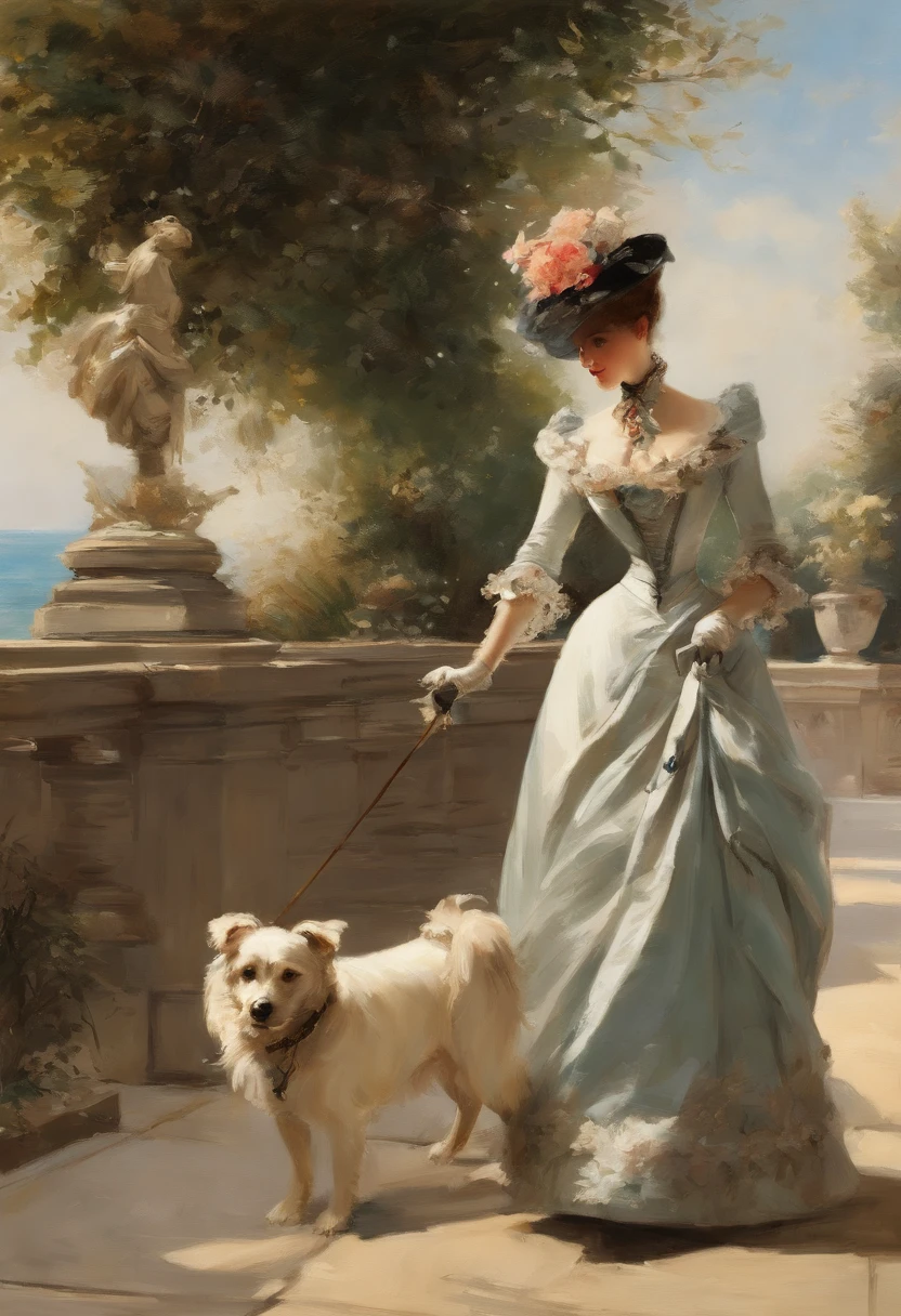 An elegant gentleman and a young, beguilingly beautiful Victorian lady with a small dog on a lead stroll along an elegant boulevard with a view of the sea Painting by Adolphe Menzel, masterpiece