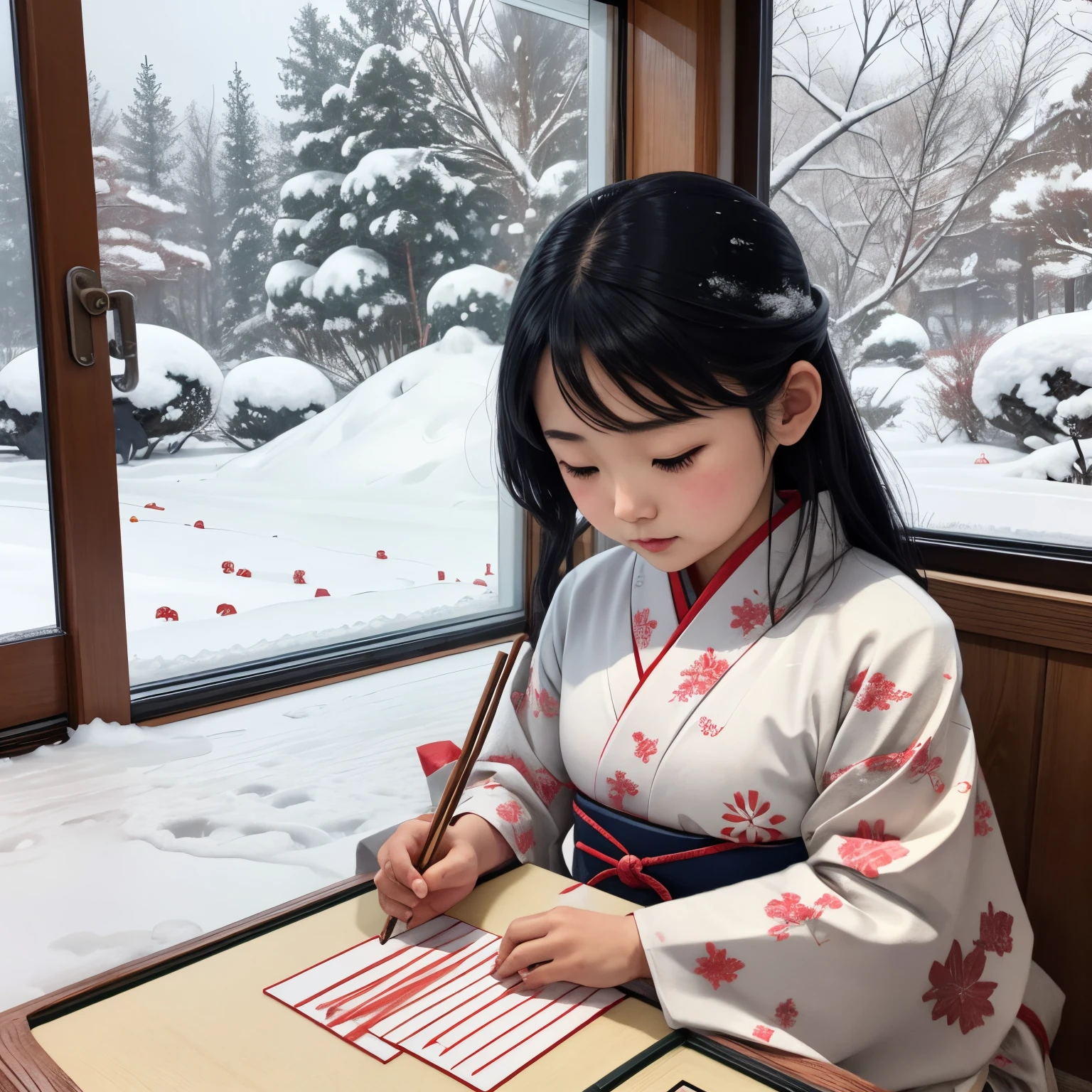 photoRealstic、Japanese New Year traditional events、girl starting calligraphy、Snow outside the window