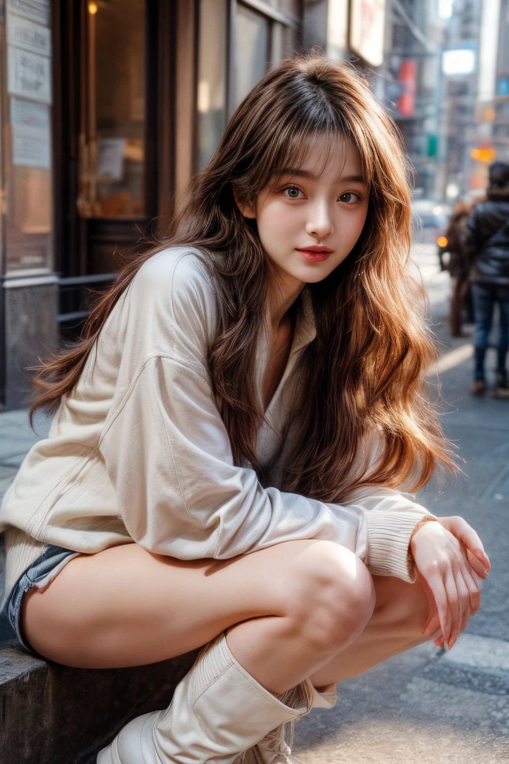 masterpiece、8K、32K、top-quality、(A detailed eye)、(A cute Japanese woman、bangss)、23years old、1 girl in、elegent、(Detailed background depiction、portlate:1.2)、(Onepiece:1.2)、new york streets、Sunlight、during daytime、(long boots:1.1)、cowboy shot、ssmile、(head shot、Kamimei:1.2)