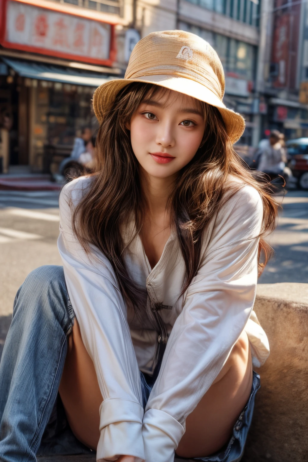 masterpiece、8K、32K、top-quality、(A detailed eye)、(A cute Japanese woman、bangss)、23years old、1 girl in、elegent、(Detailed background depiction、portlate:1.2)、(Onepiece:1.2)、new york streets、Sunlight、during daytime、(long boots:1.1)、cowboy shot、ssmile、(head shot、Kamimei:1.2)