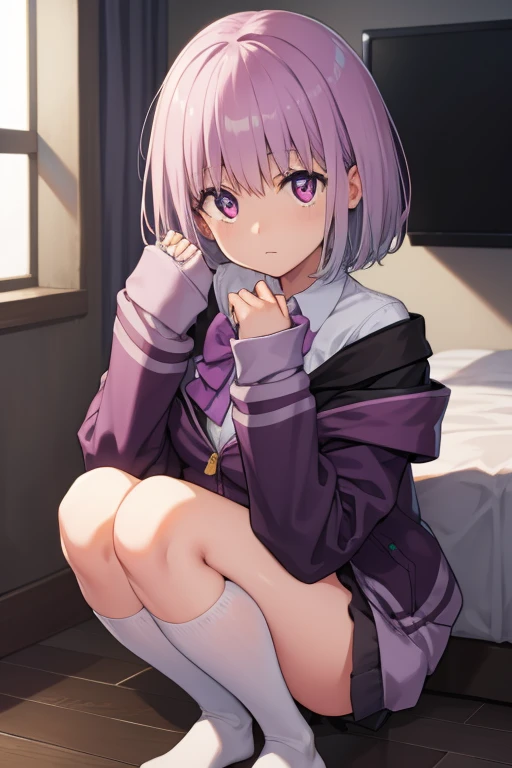 akaneshinjou, shinjou akane, light purple hair, (pink eyes:1.2), short hair,
BREAK black pantyhose, bow, collared shirt, hood, hooded jacket, jacket, open clothes, open jacket, open shirt, pantyhose, purple bow, purple jacket, school uniform, shirt, sleeves past wrists, unbuttoned shirt, white shirt,,
BREAK indoors, city,
BREAK looking at viewer, BREAK (masterpiece:1.2), best quality, high resolution, unity 8k wallpaper, (illustration:0.8), (beautiful detailed eyes:1.6), extremely detailed face, perfect lighting, extremely detailed CG, (perfect hands, perfect anatomy),