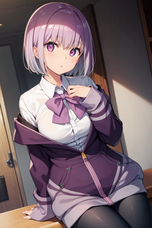 akaneshinjou, shinjou akane, light purple hair, (pink eyes:1.2), short hair,
BREAK black pantyhose, bow, collared shirt, hood, hooded jacket, jacket, open clothes, open jacket, open shirt, pantyhose, purple bow, purple jacket, school uniform, shirt, sleeves past wrists, unbuttoned shirt, white shirt,,
BREAK indoors, city,
BREAK looking at viewer, BREAK (masterpiece:1.2), best quality, high resolution, unity 8k wallpaper, (illustration:0.8), (beautiful detailed eyes:1.6), extremely detailed face, perfect lighting, extremely detailed CG, (perfect hands, perfect anatomy),