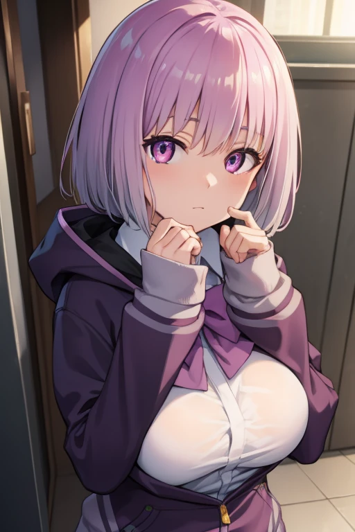 akaneshinjou, shinjou akane, light purple hair, (pink eyes:1.2), short hair,
BREAK black pantyhose, bow, collared shirt, hood, hooded jacket, jacket, open clothes, open jacket, open shirt, pantyhose, purple bow, purple jacket, school uniform, shirt, sleeves past wrists, unbuttoned shirt, white shirt,,
BREAK indoors, city,
BREAK looking at viewer, BREAK (masterpiece:1.2), best quality, high resolution, unity 8k wallpaper, (illustration:0.8), (beautiful detailed eyes:1.6), extremely detailed face, perfect lighting, extremely detailed CG, (perfect hands, perfect anatomy),