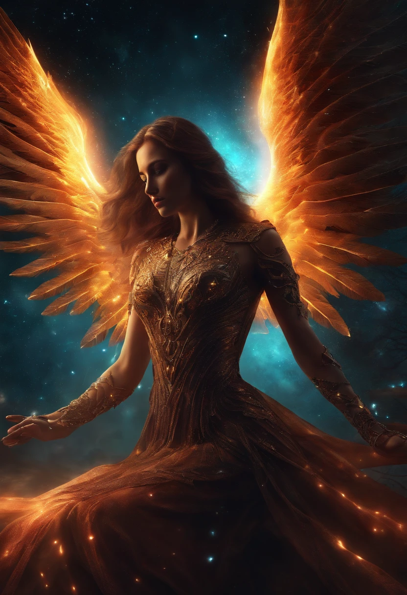 Cosmic Fallen Angel, glowing light eyes, Biomechanical, eerie, Creepy, nightmarish, Very bright colors, Light particles, with light glowing, Mshiff, wallpaper art, UHD wallpaper