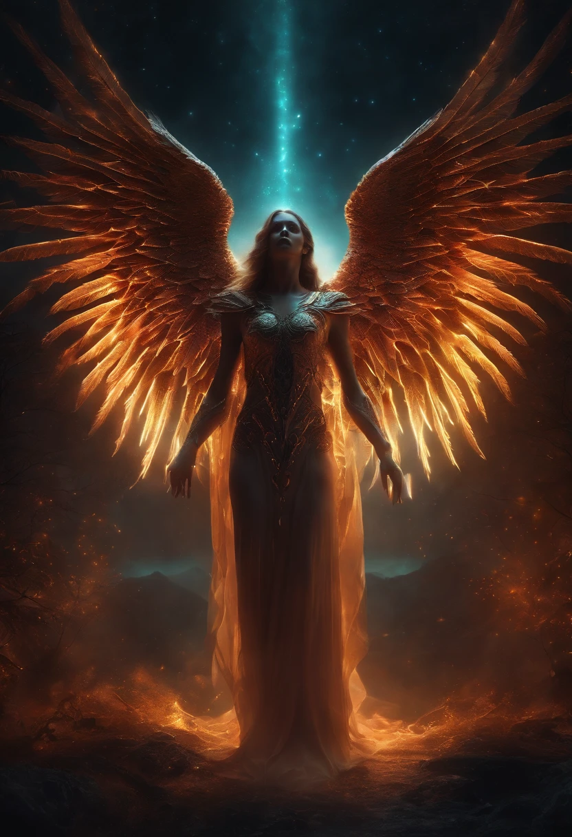Cosmic Fallen Angel, glowing light eyes, Biomechanical, eerie, Creepy, nightmarish, Very bright colors, Light particles, with light glowing, Mshiff, wallpaper art, UHD wallpaper