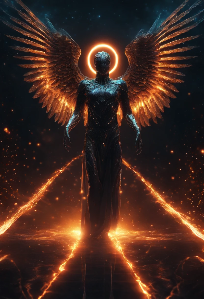Cosmic Fallen Angel, glowing light eyes, Biomechanical, eerie, Creepy, nightmarish, Very bright colors, Light particles, with light glowing, Mshiff, wallpaper art, UHD wallpaper